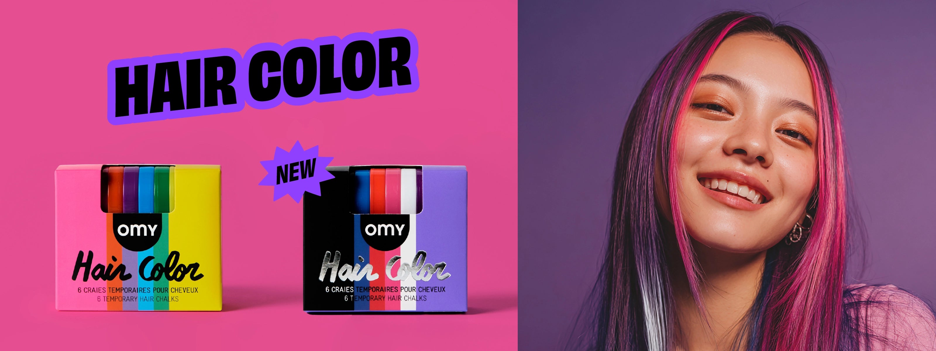 Smiling girl with pink and purple hair highlights using OMY Hair Color temporary hair chalk, shown above a bundle featuring two colorful boxed hair chalk sets.