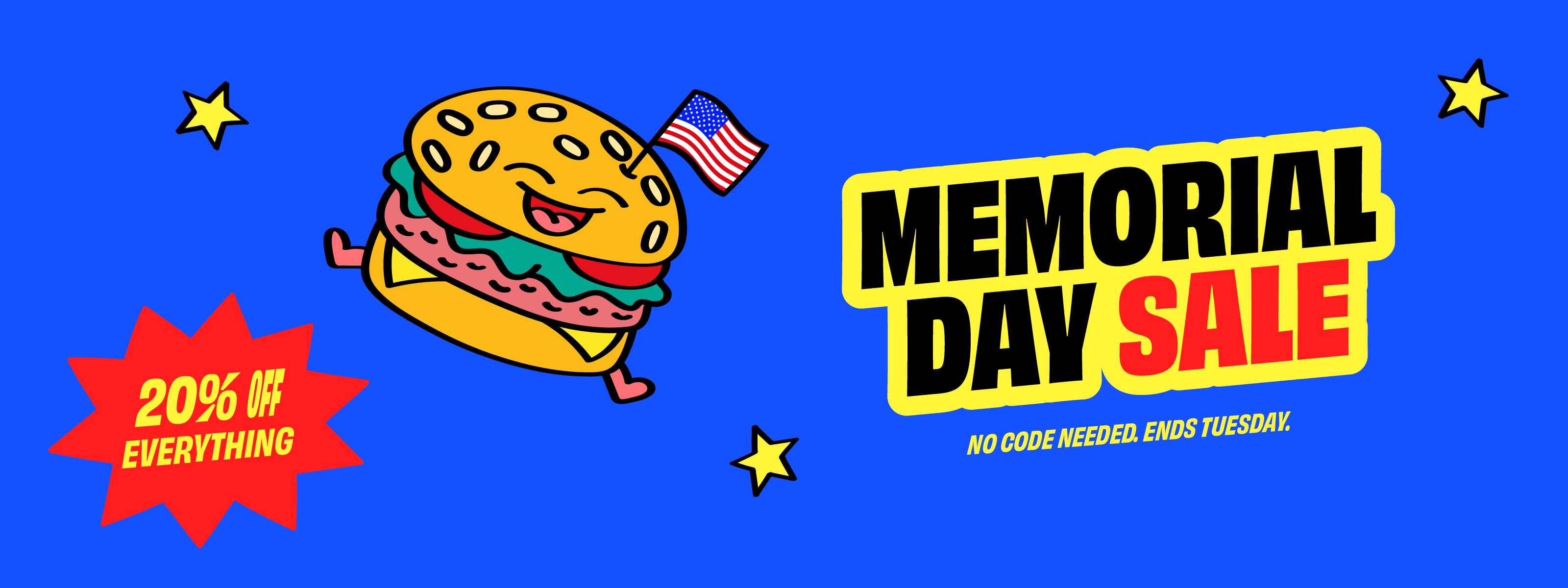 Memorial Day Sale β 20% Off Everything β OMY horizontal banner featuring a cartoon burger with American flag, bold typography on blue background. No code needed, ends Tuesday.
