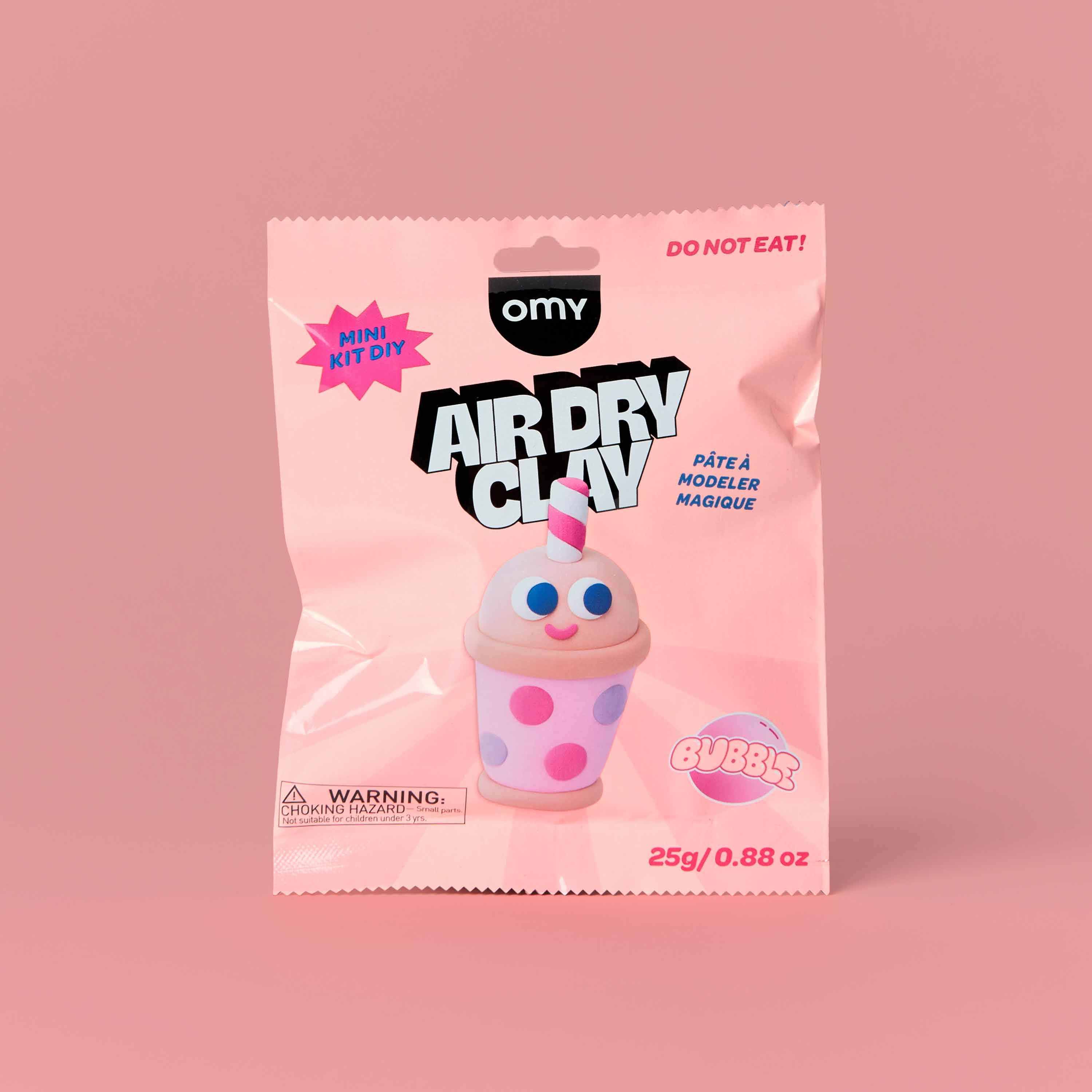 OMY Air Dry Clay Bubble mini DIY kit – kawaii bubble tea character air dry modeling clay in pink packaging, 25g creative sculpting kit for kids on pink background