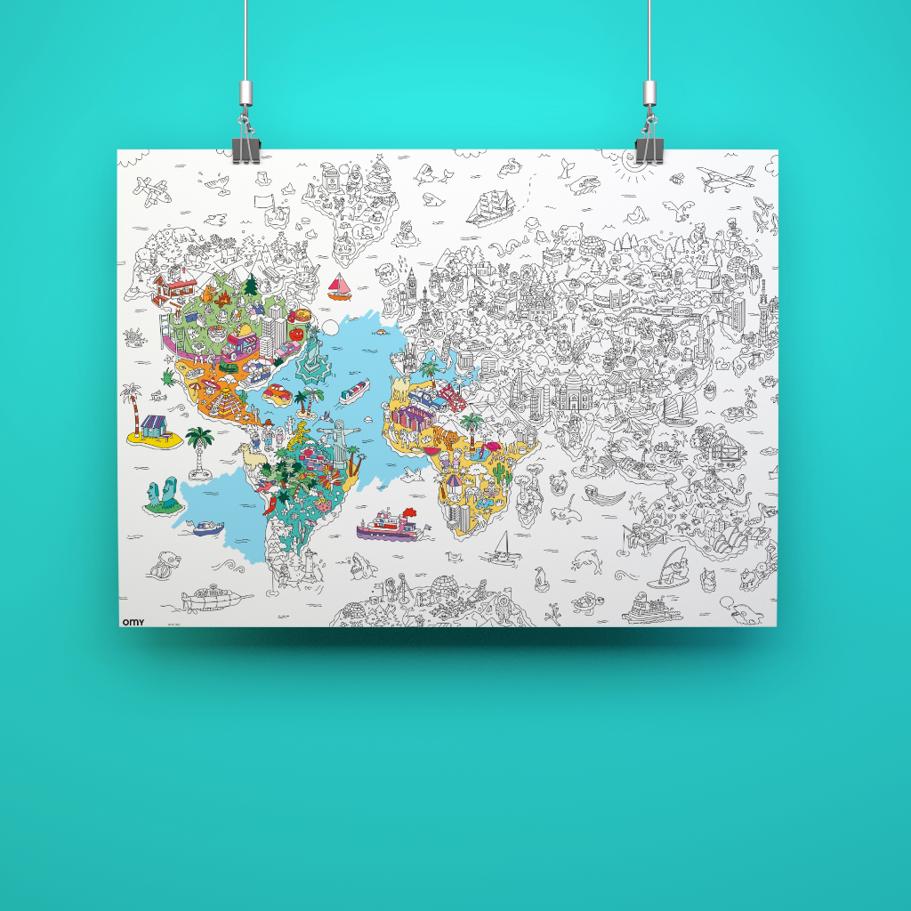 Atlas Giant Poster fully displayed - a large black and white world map to color, hanging on a turquoise background
