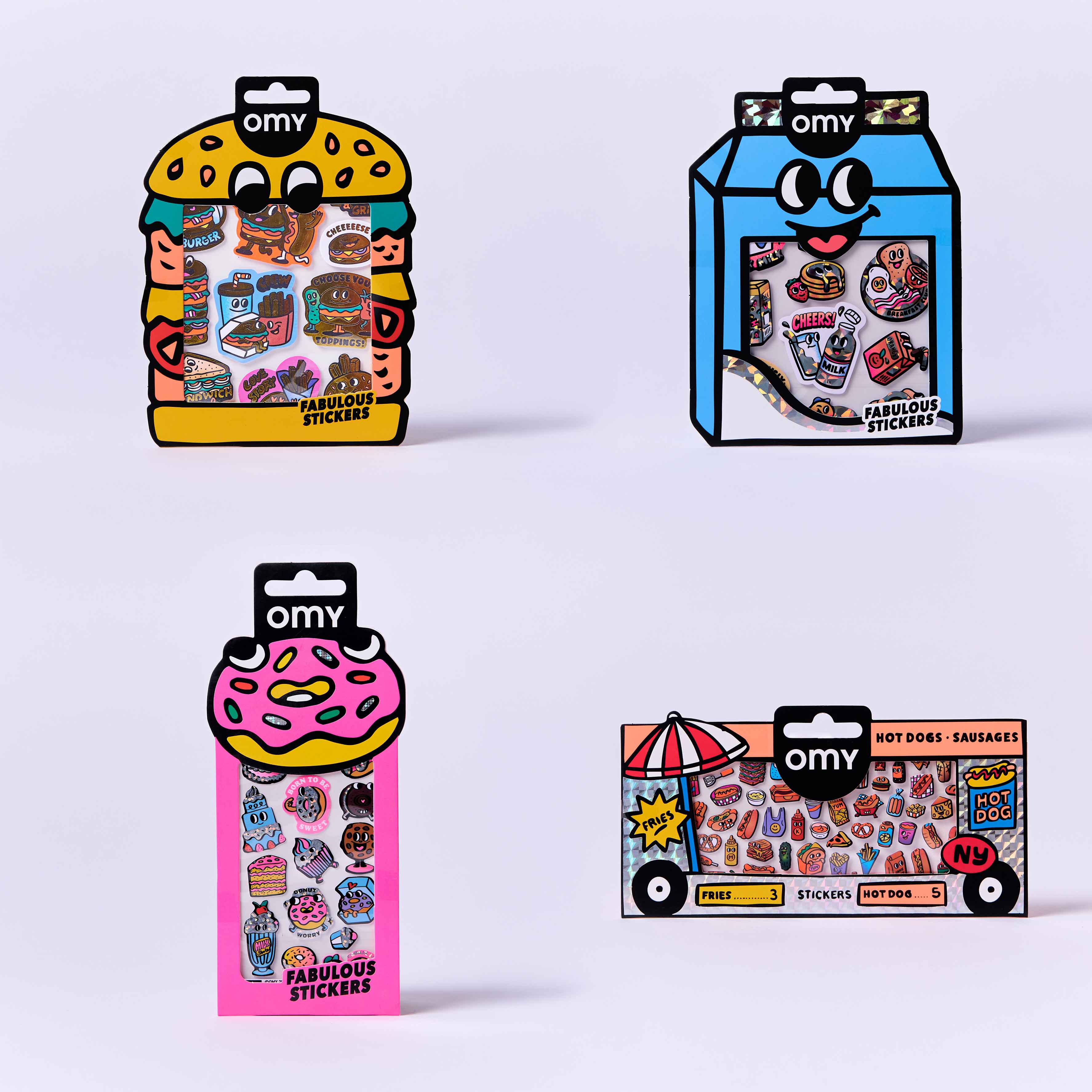 Four packages of OMY stickers with colorful designs on a light purple background