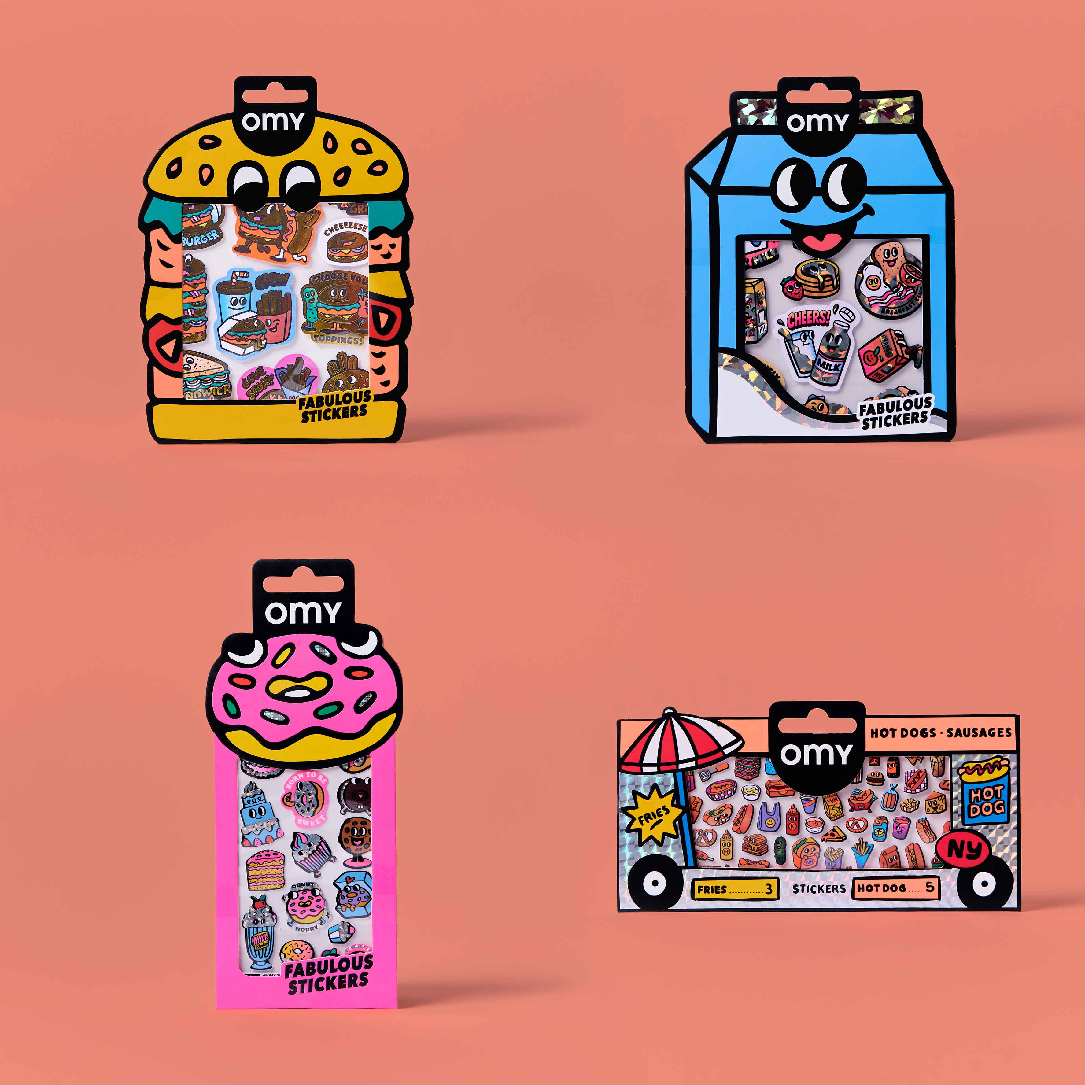 Four packages of OMY stickers on a peach background