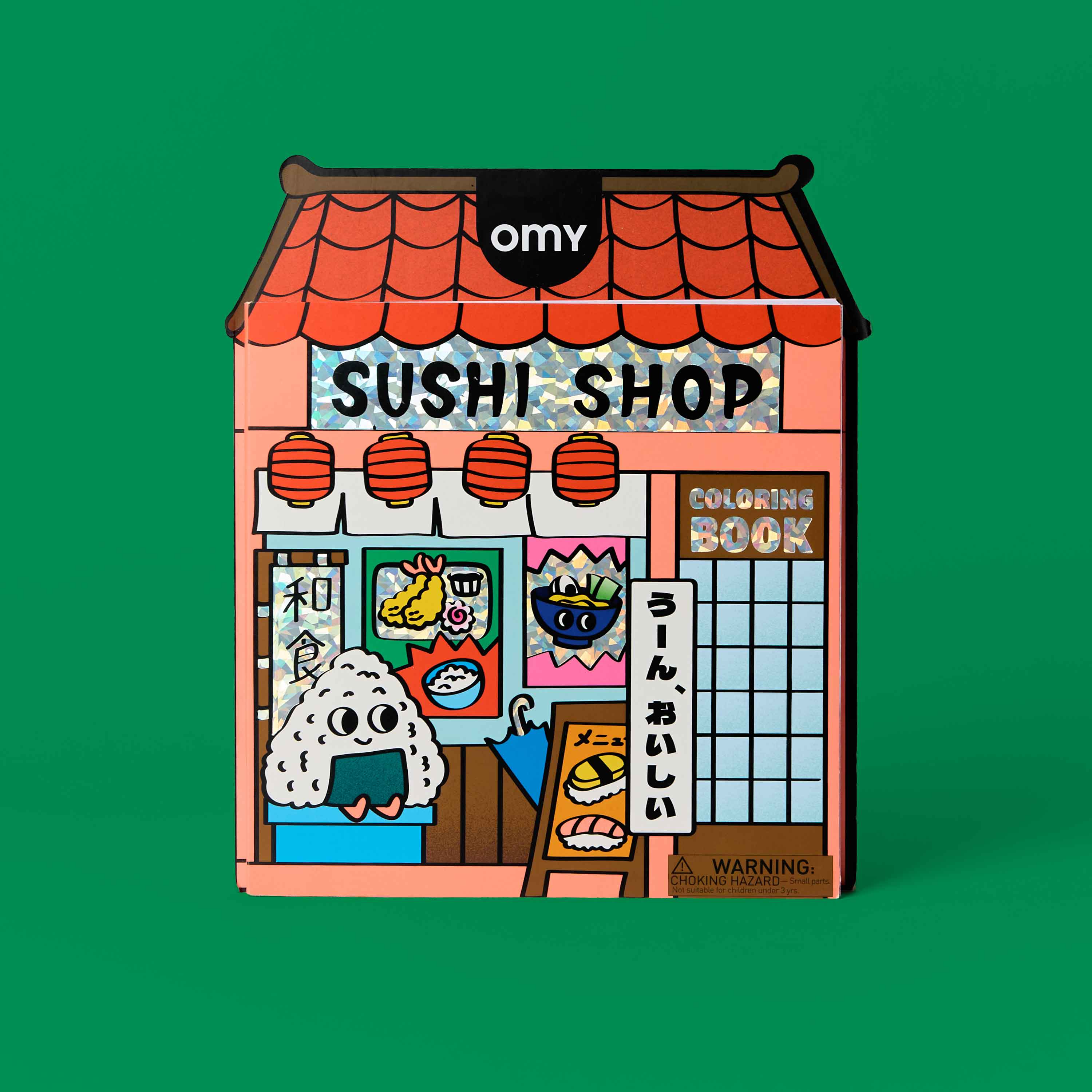 OMY Sushi Shop coloring book shaped like a Japanese restaurant - kawaii rice ball and ramen characters with Japanese lanterns, kids creative activity set on green background