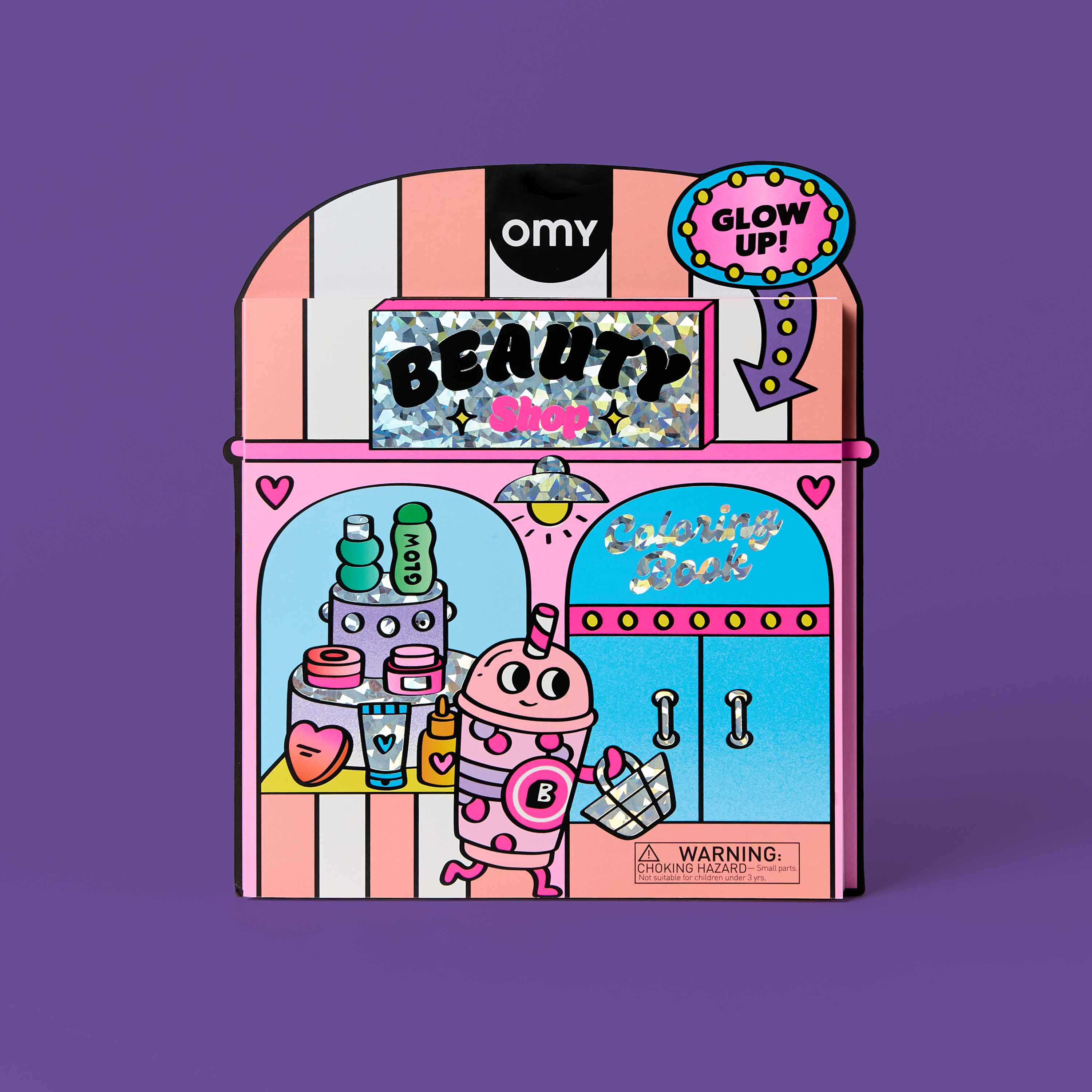 OMY Beauty Shop coloring book shaped like a beauty store - kawaii robot character with cosmetics and Glow Up sign, creative kids activity book on purple background