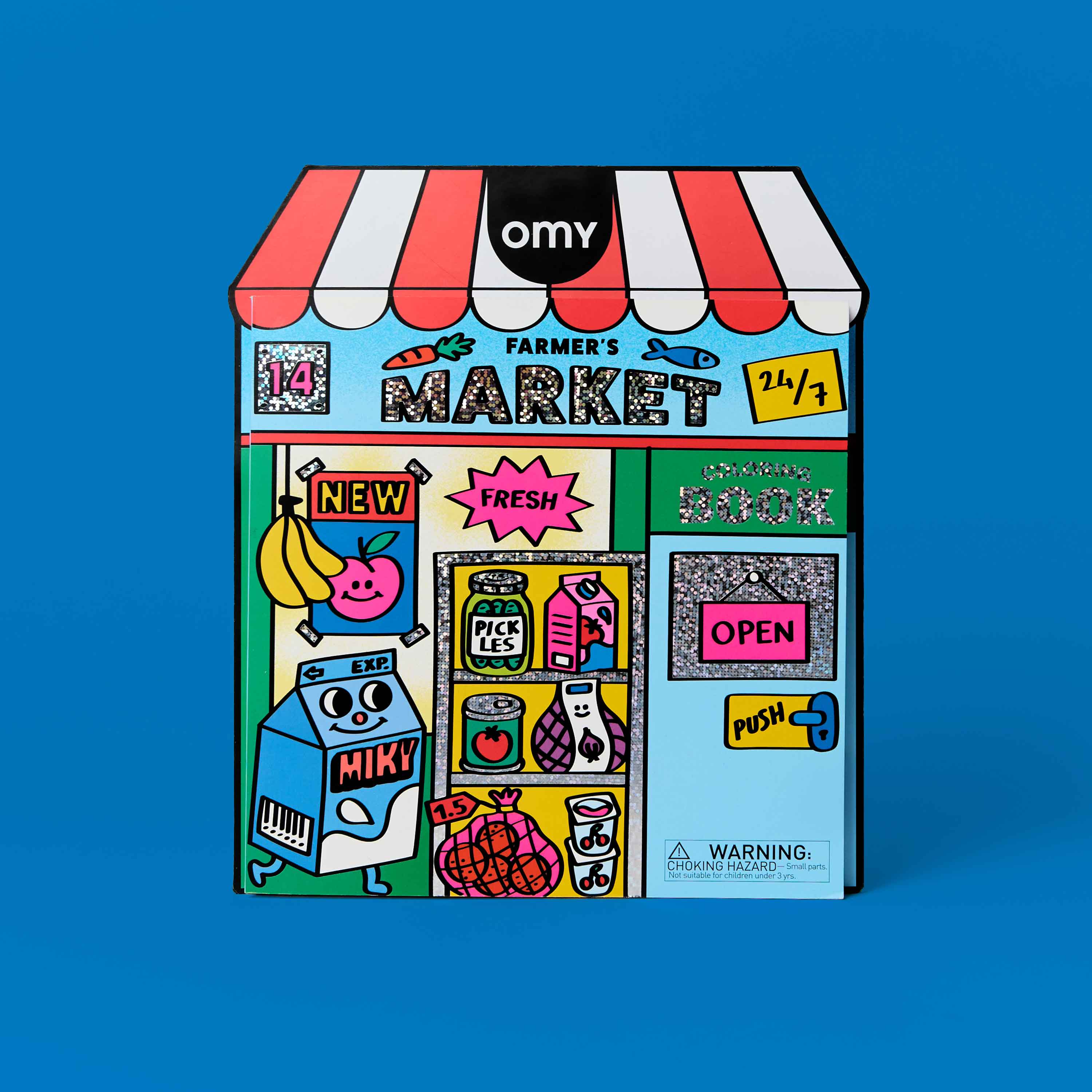 OMY Farmer's Market coloring book shaped like a store front – 14 activity pages with kawaii fruit and vegetable characters, kids coloring activity set on blue background