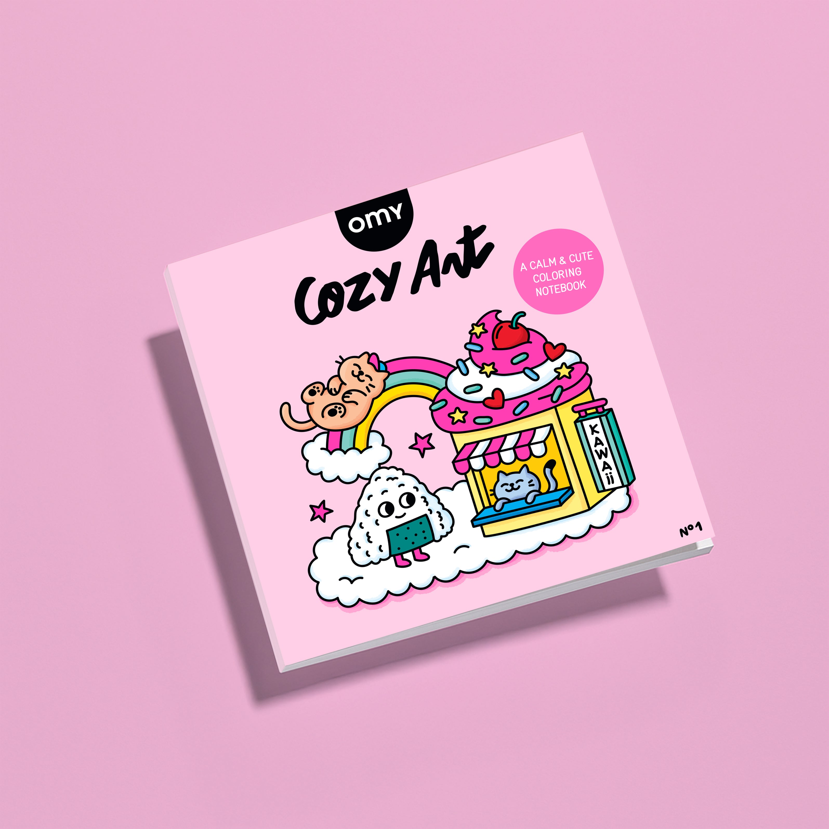 Cozy Art Kawaii coloring book cover featuring kawaii characters like a bear sliding down a rainbow into an ice cream sundae, a rice ball and a cat in a cupcake, all on a pink background.