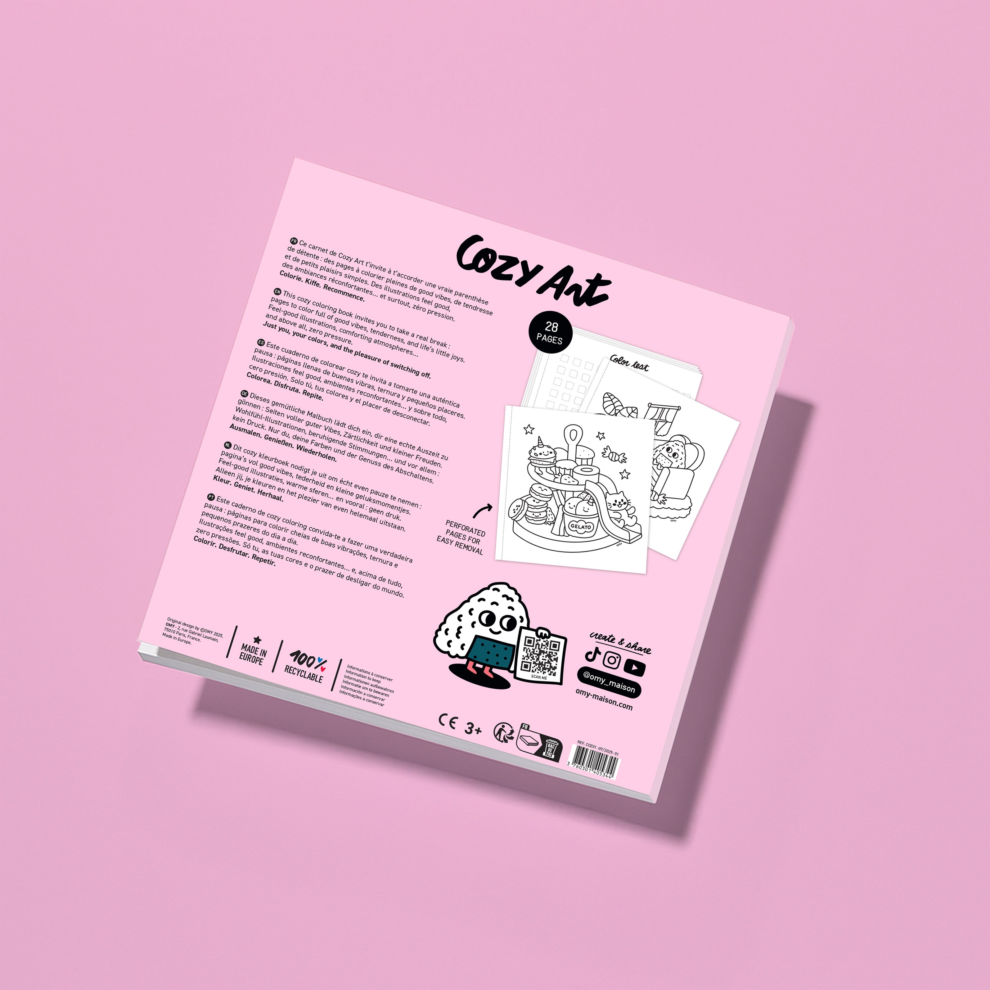 Back cover of Cozy Art Kawaii coloring book showing product details, sample coloring page, and a cute onigiri rice ball character on a pastel pink background.