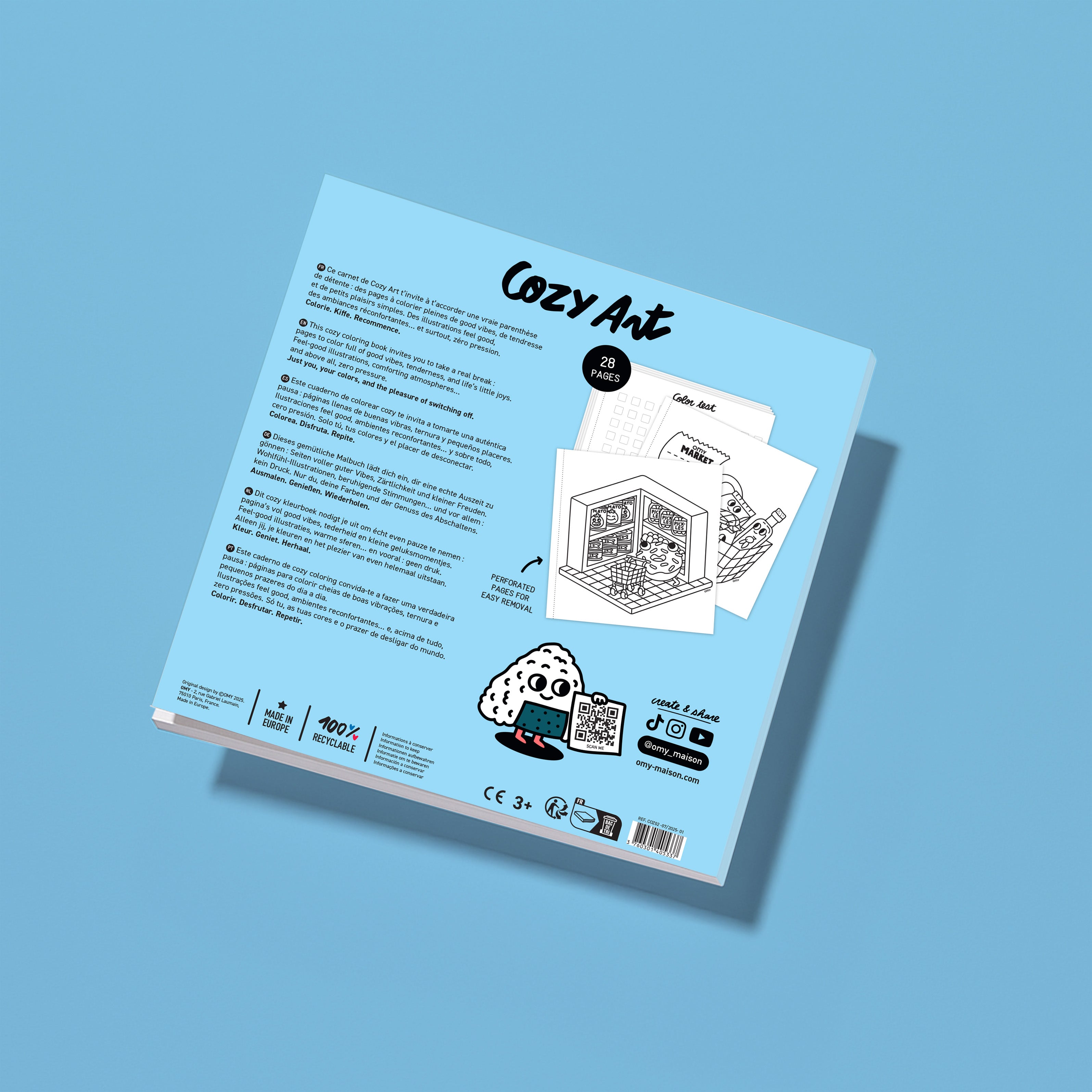 Back cover of the Cozy Art "Super Market" coloring notebook with product details, cute character, and illustrations on a blue background