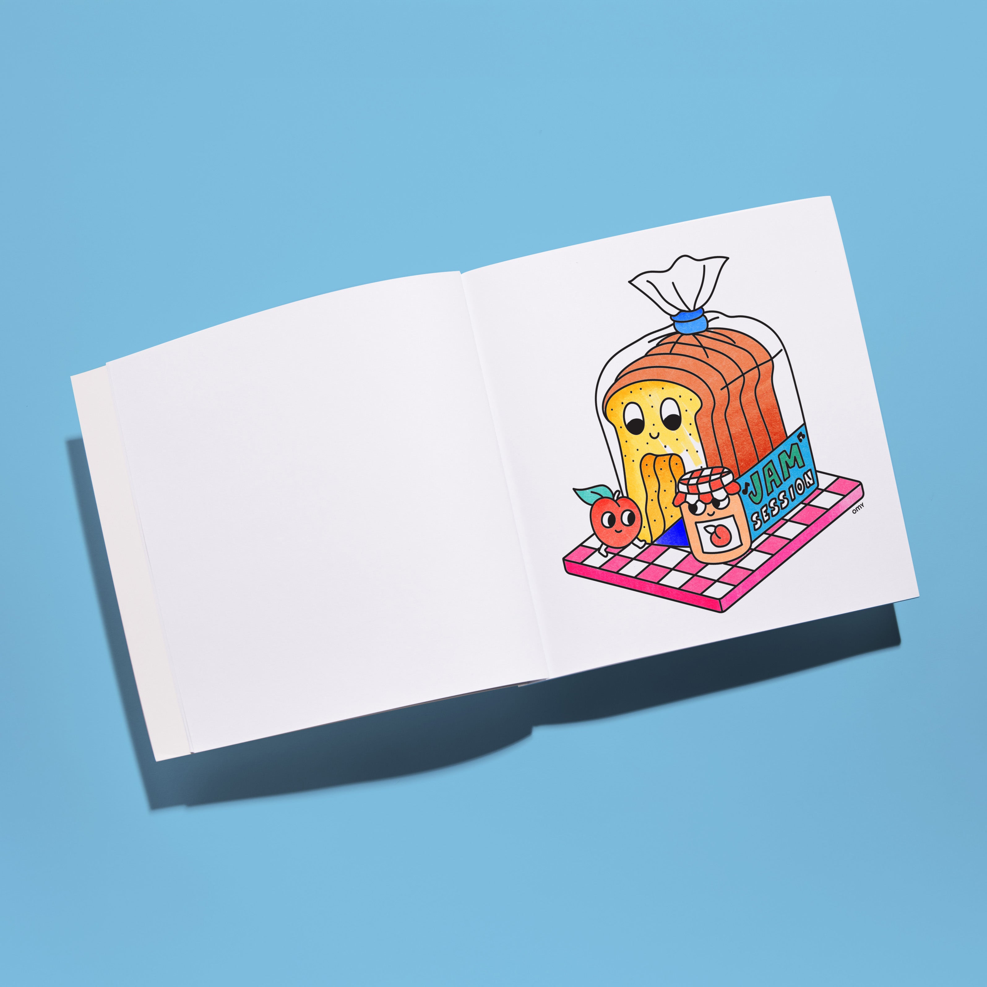 Coloring page from the Cozy Art "Super Market" notebook featuring a cute loaf of bread, jam jar, and apple on a checkered cloth