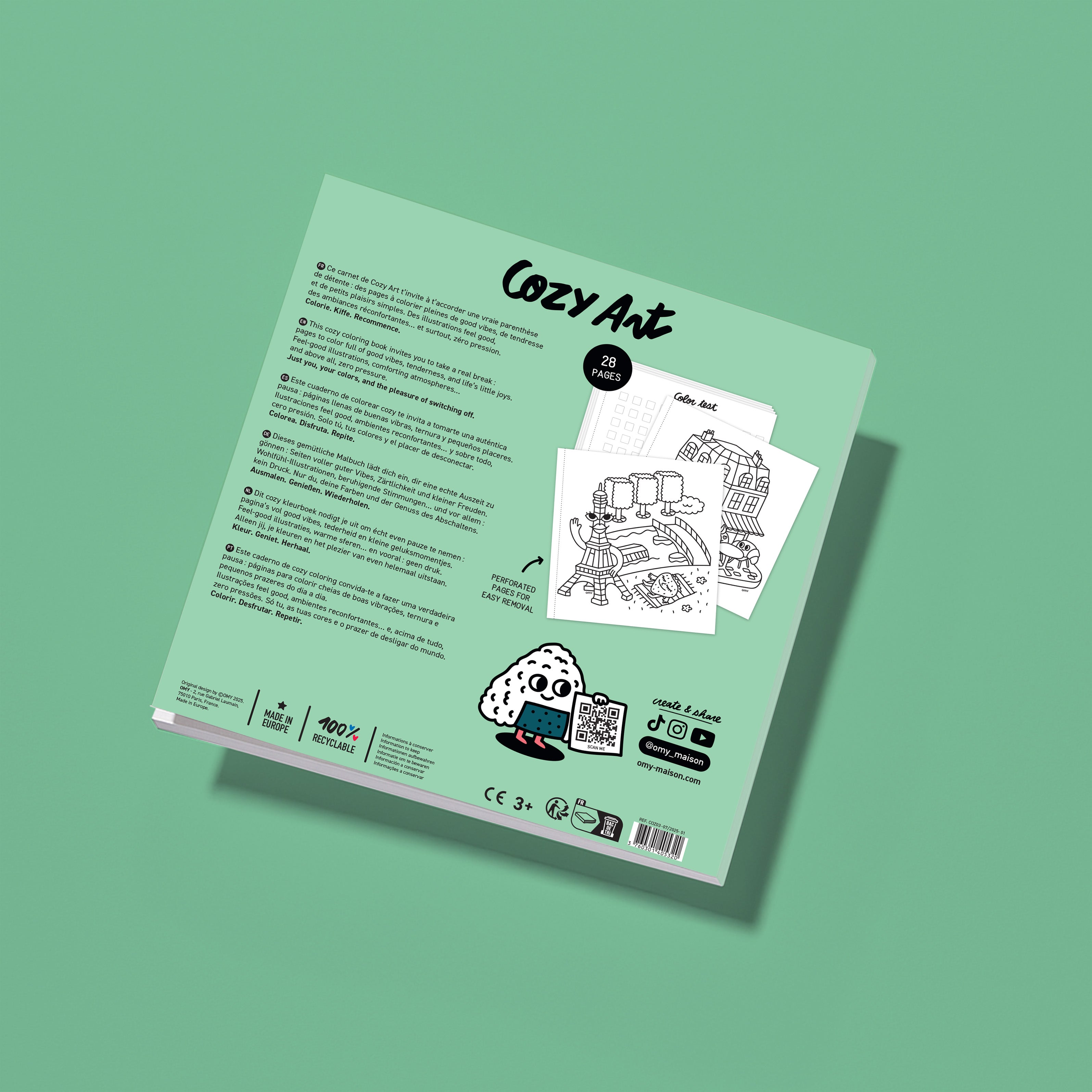 Back cover of Cozy Art Paris coloring book displaying product details, sample coloring pages, and a cute Parisian character on a green background.