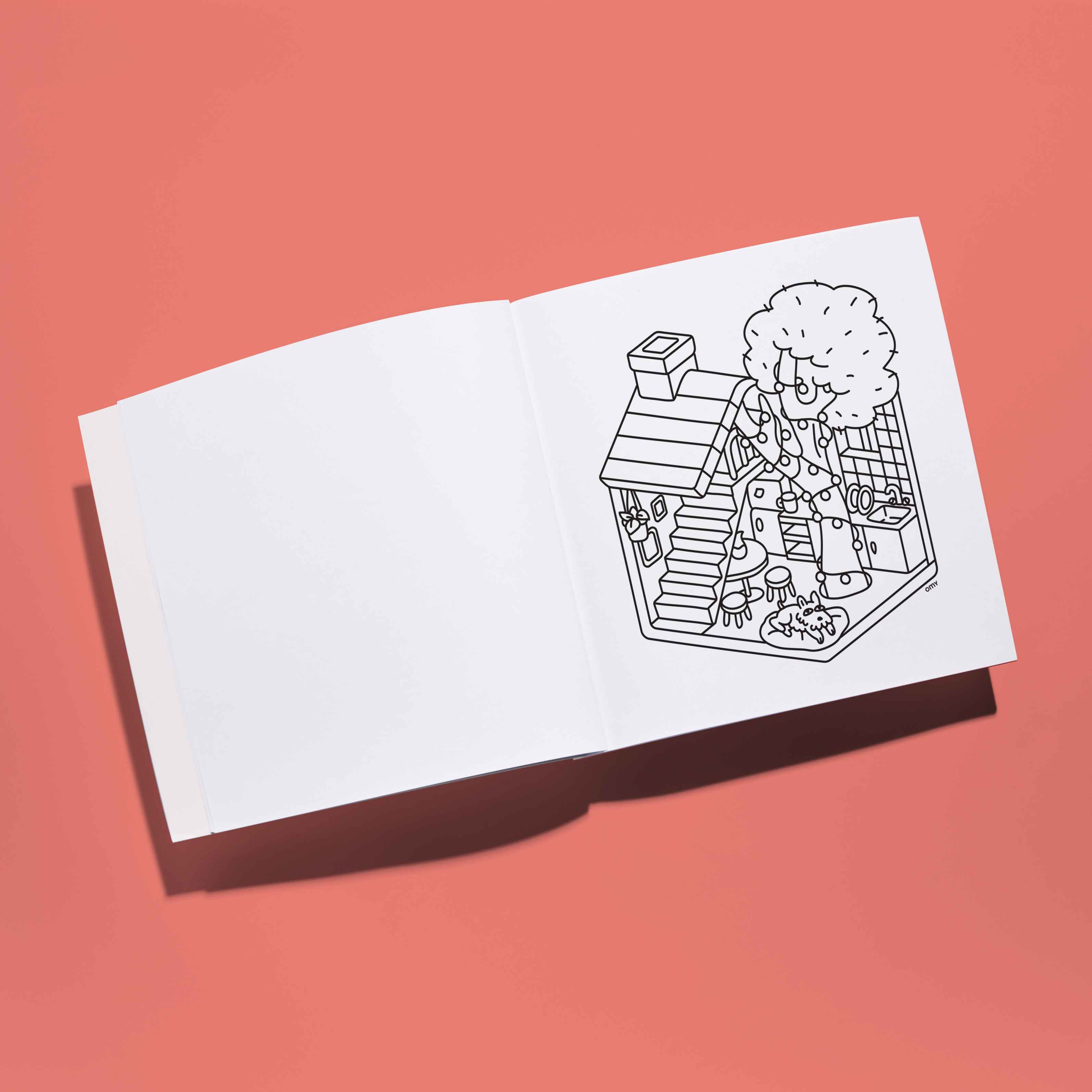 White paper with a black line drawing of a small house on a pink background