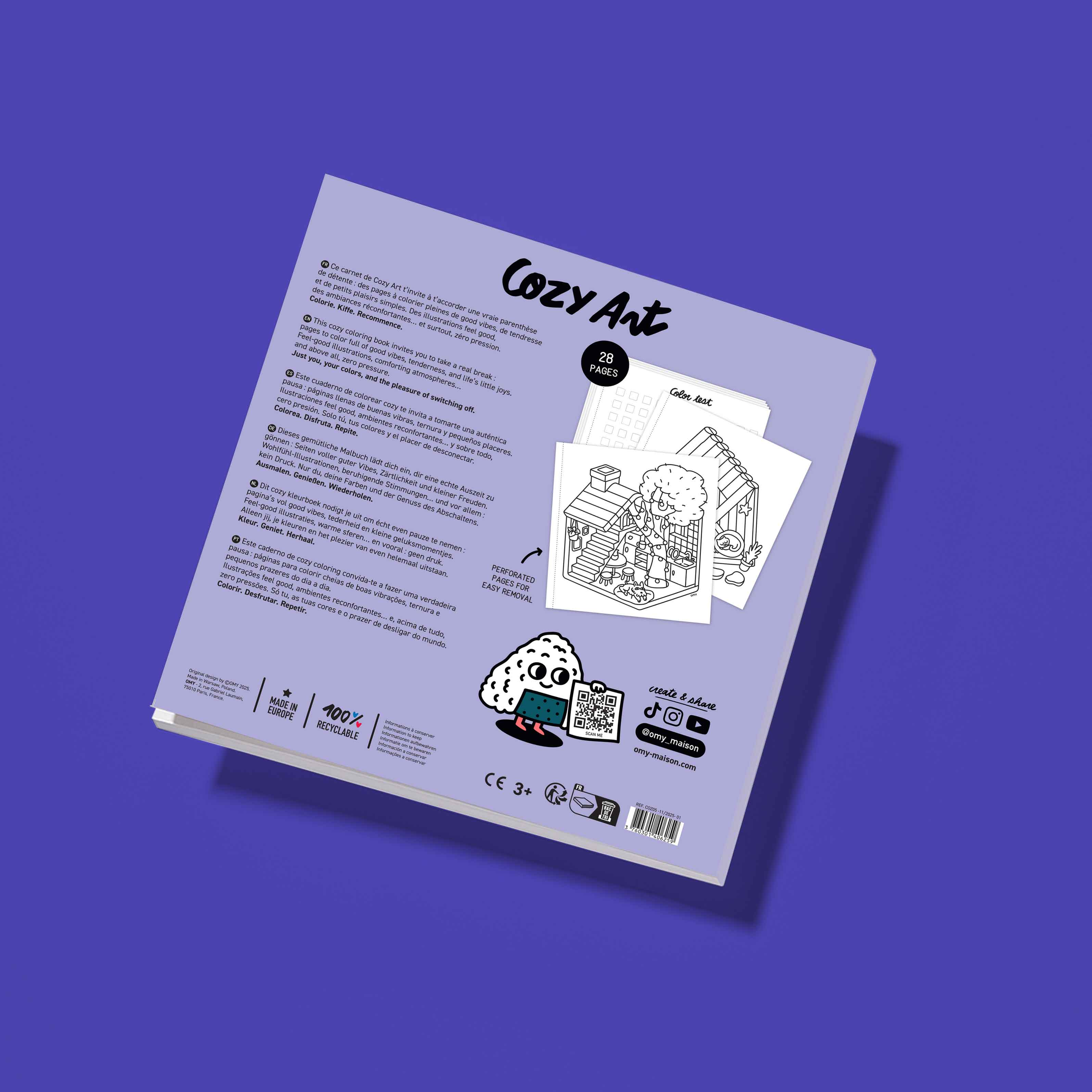 Back cover of OMY Cozy Art Tiny House coloring book with product details and sample illustrations on a purple background