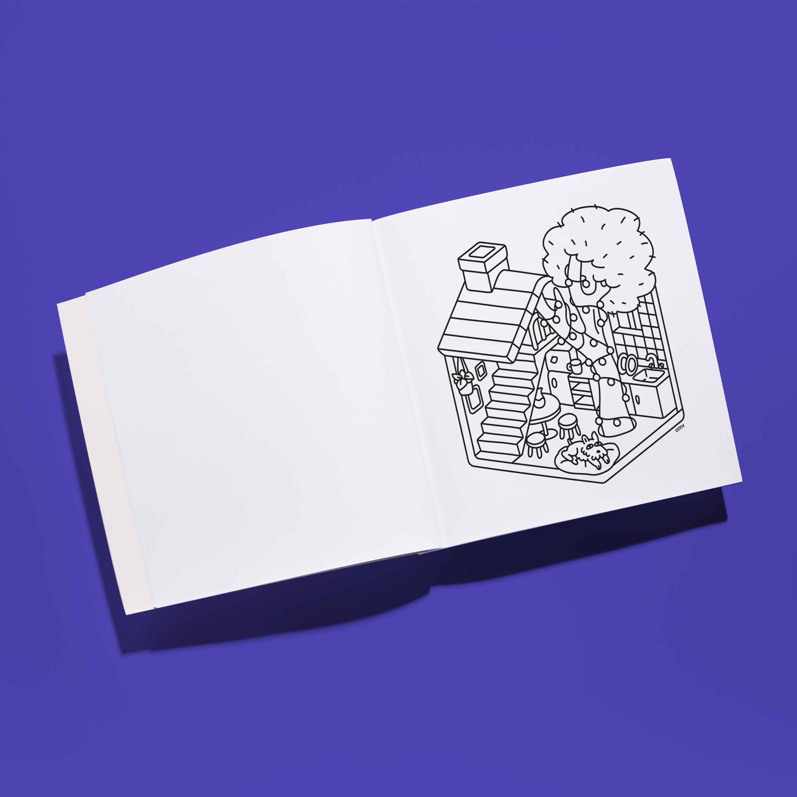OMY Cozy Art open coloring book featuring a detailed black line illustration of a tiny house on a purple background
