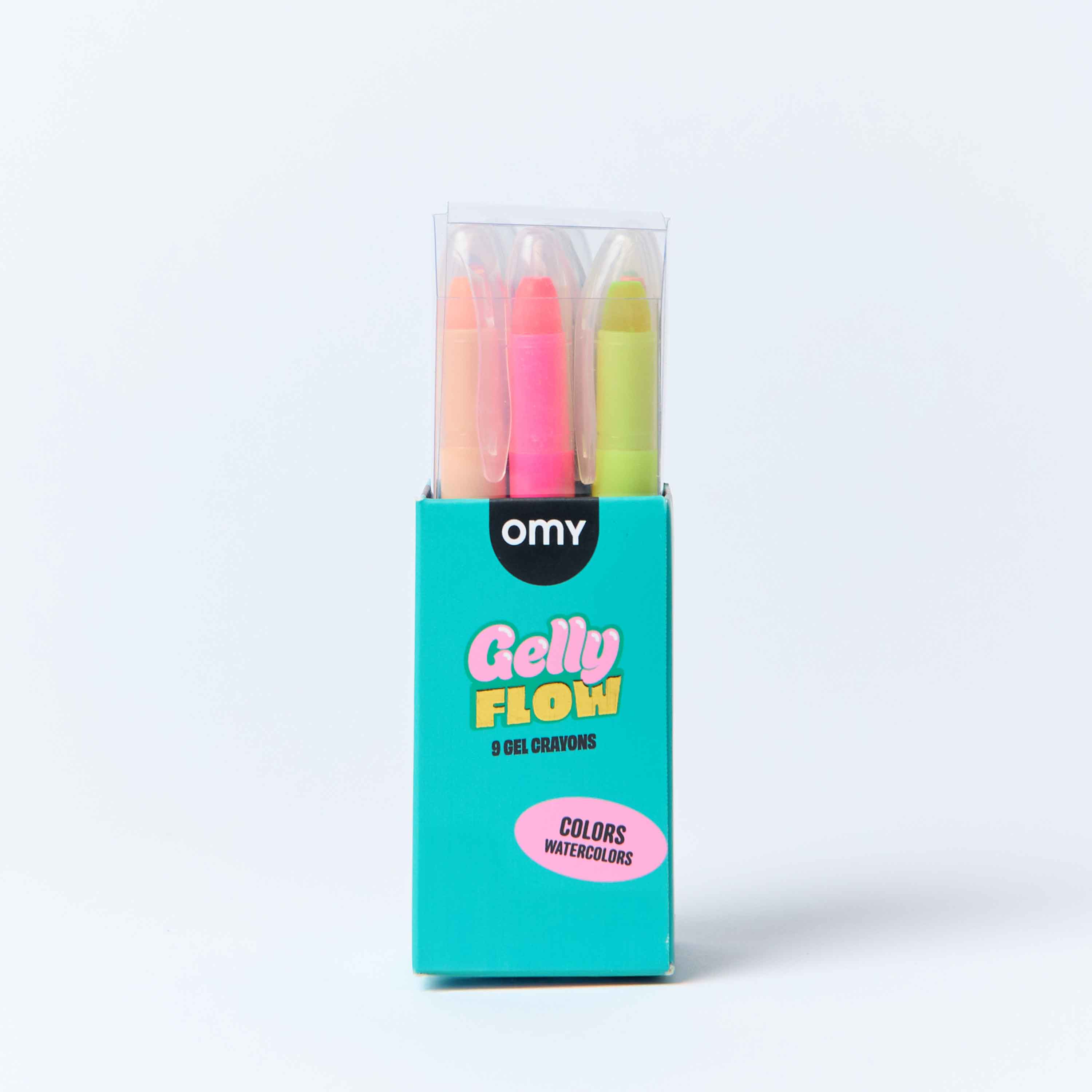OMY Gelly Flow 9 gel crayons and watercolor sticks in turquoise packaging – neon orange, pink and yellow-green art supplies for kids and adults on white background