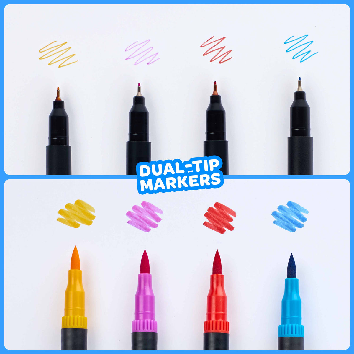 Four dual-tip markers OMY shown with sample scribbles above and below them. The top half shows the black barrels of the markers, and the bottom half shows the colorful tips and caps.