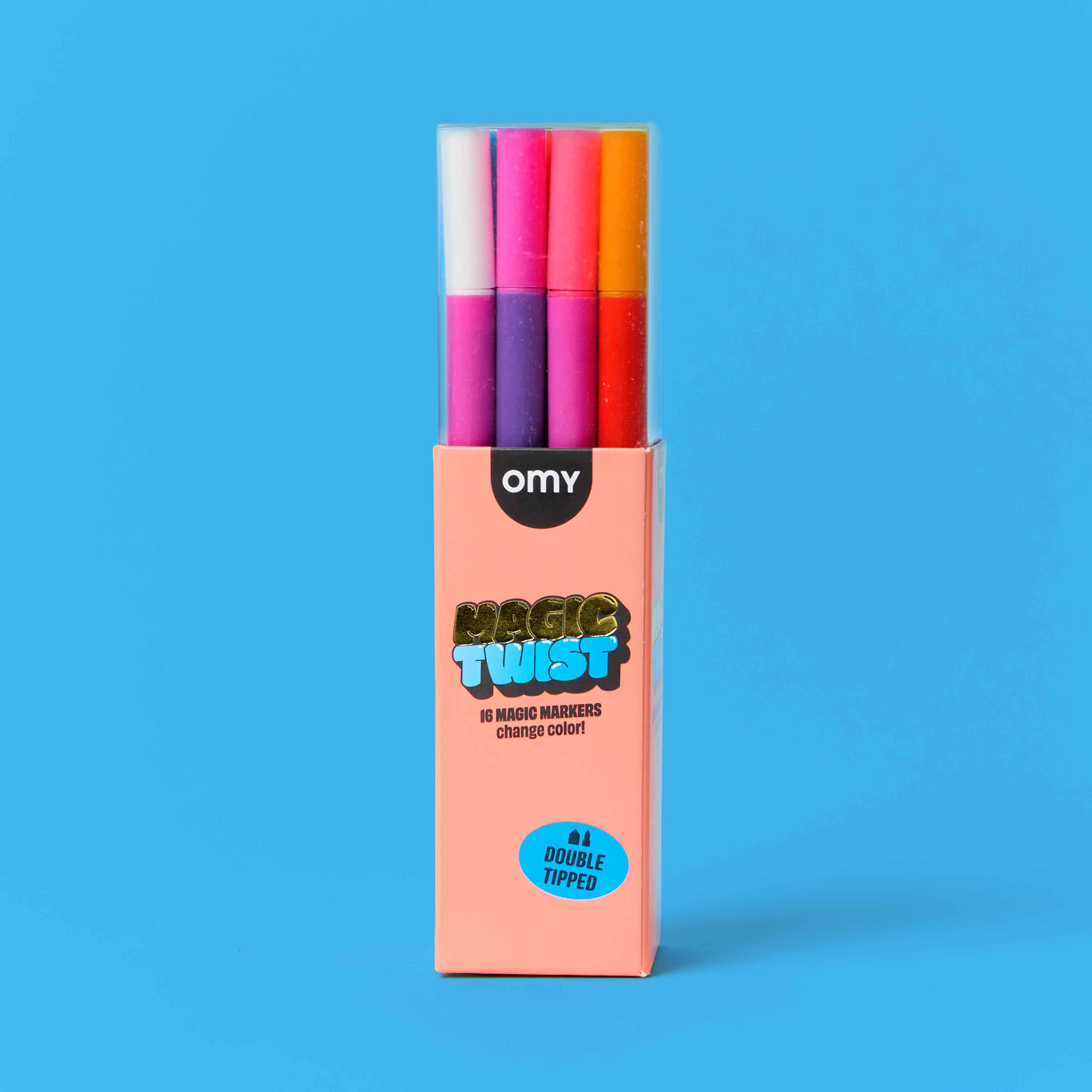OMY Magic Twist 16 color-changing magic markers in peach packaging – dual-tip markers that change color, pink, purple and orange felt pens for kids on blue background