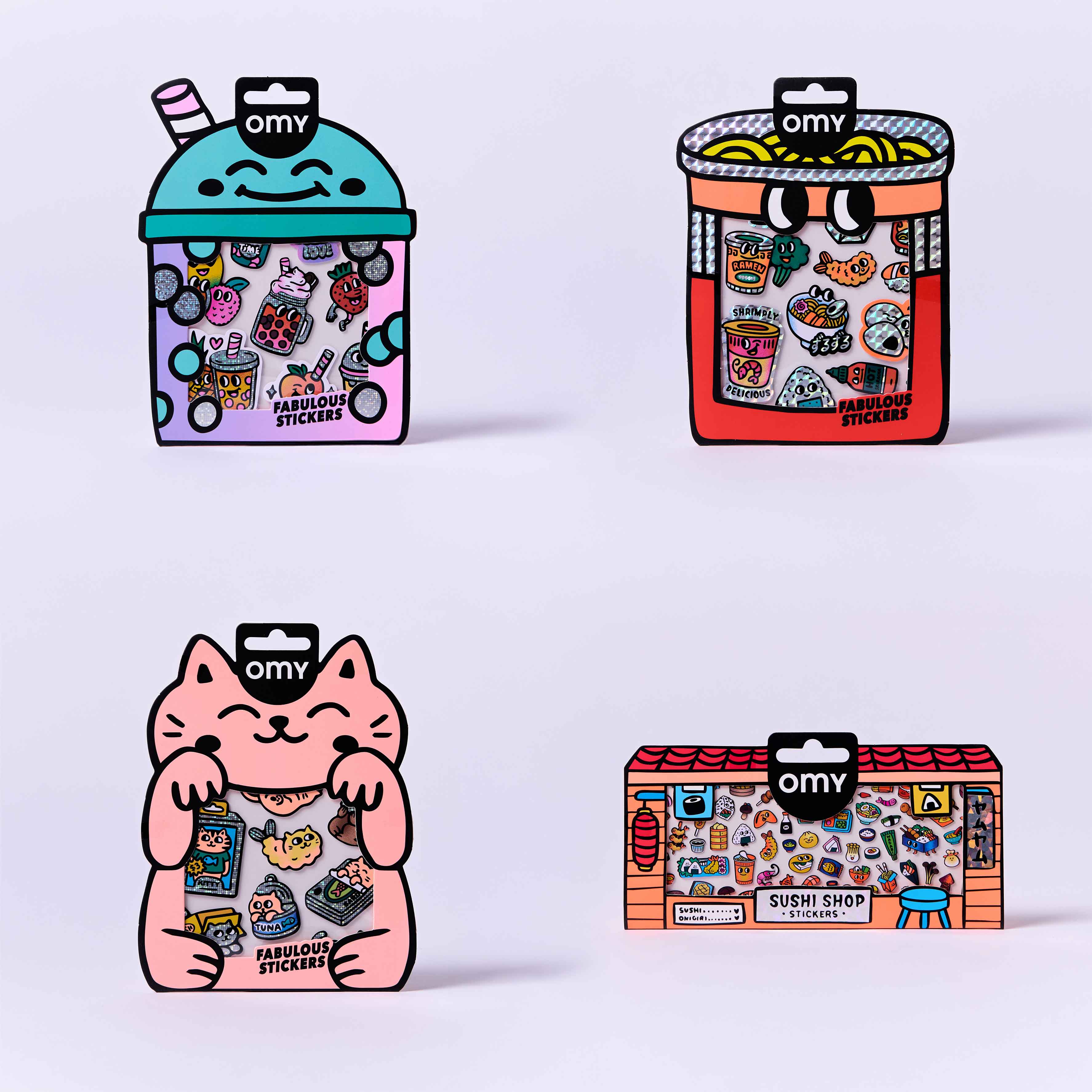 Four colorful packages of OMY stickers on a light purple background