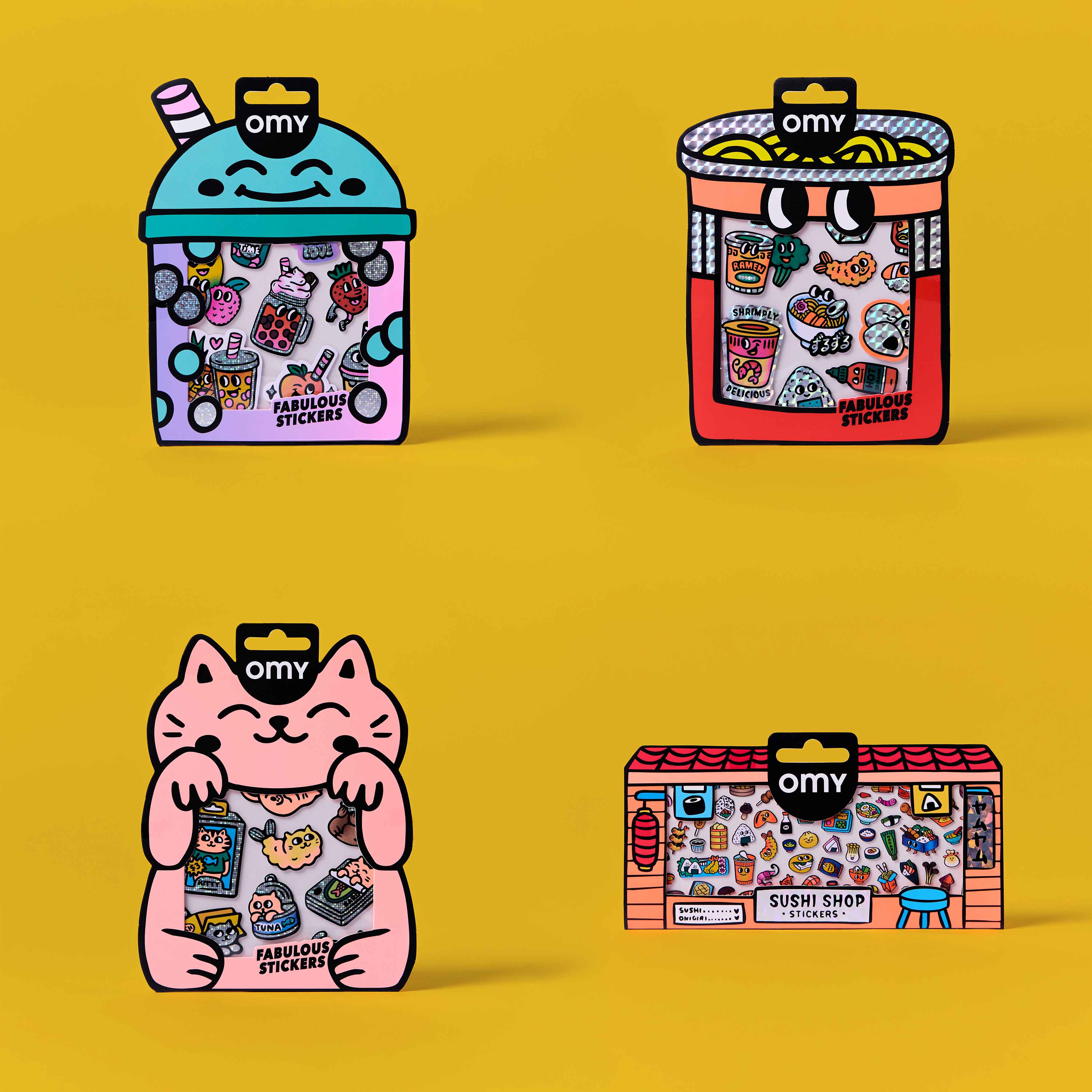 Four colorful packaging designs of OMY sticker products on a yellow background