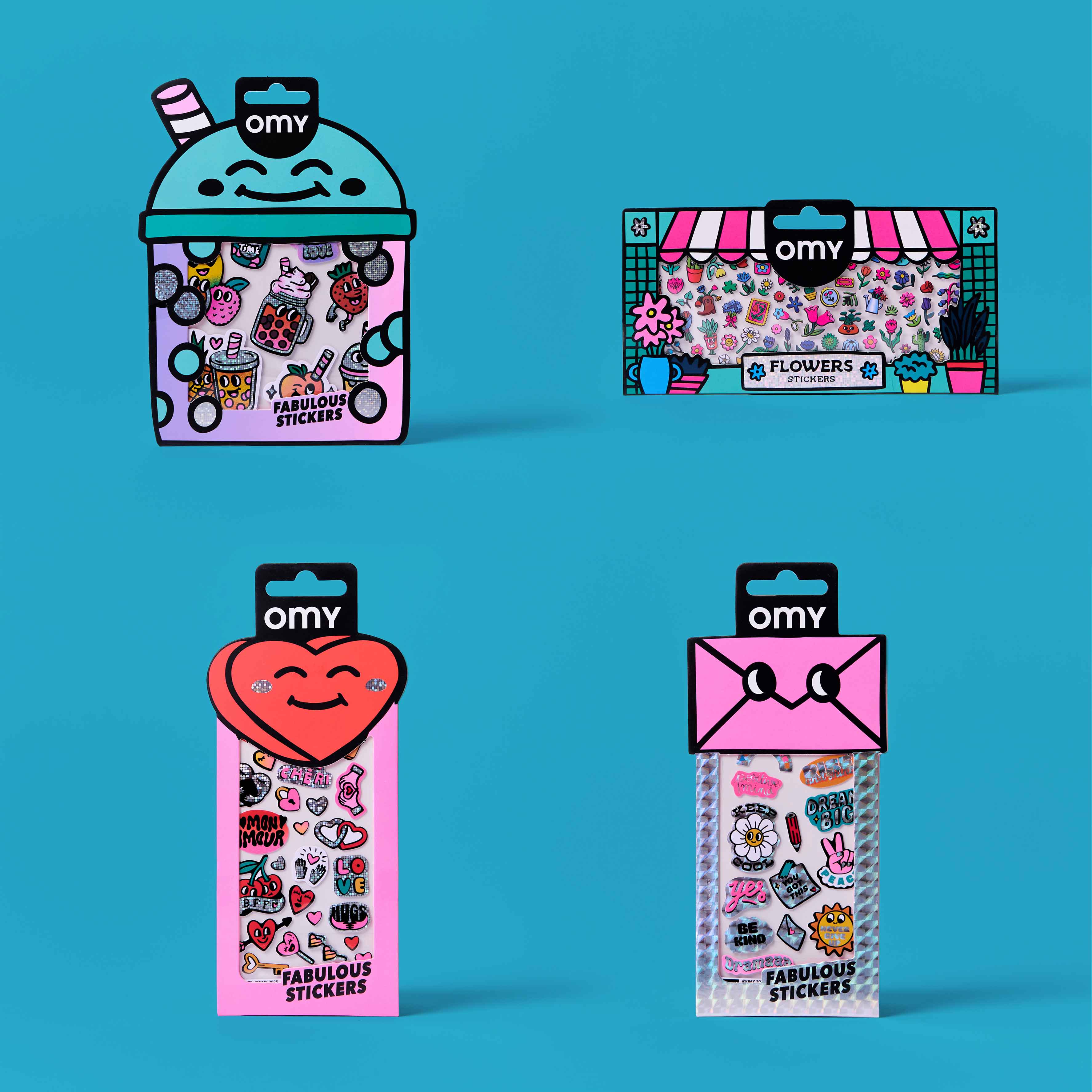 Four packages of OMY stickers on a blue background