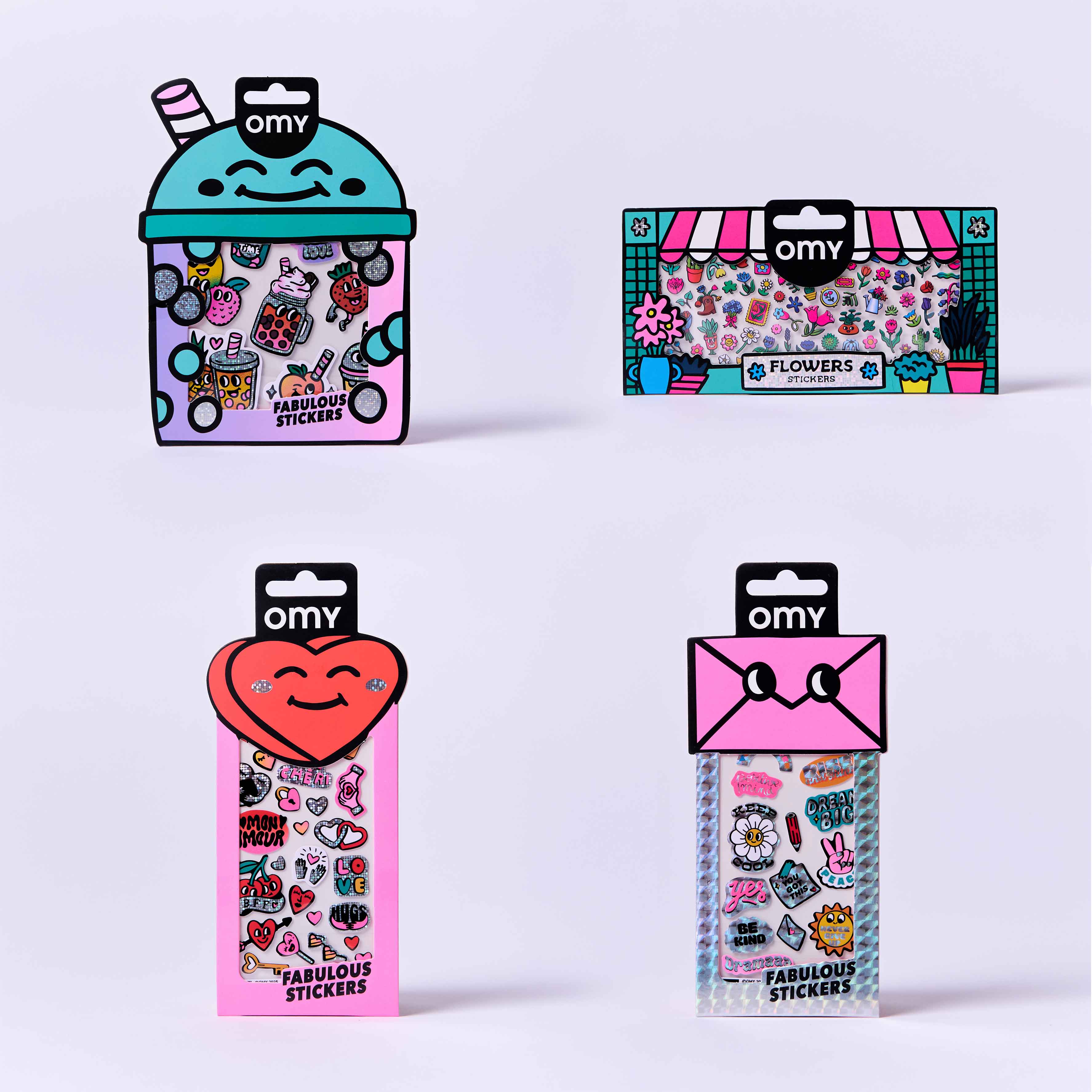 Four packages of OMY stickers on a light purple background