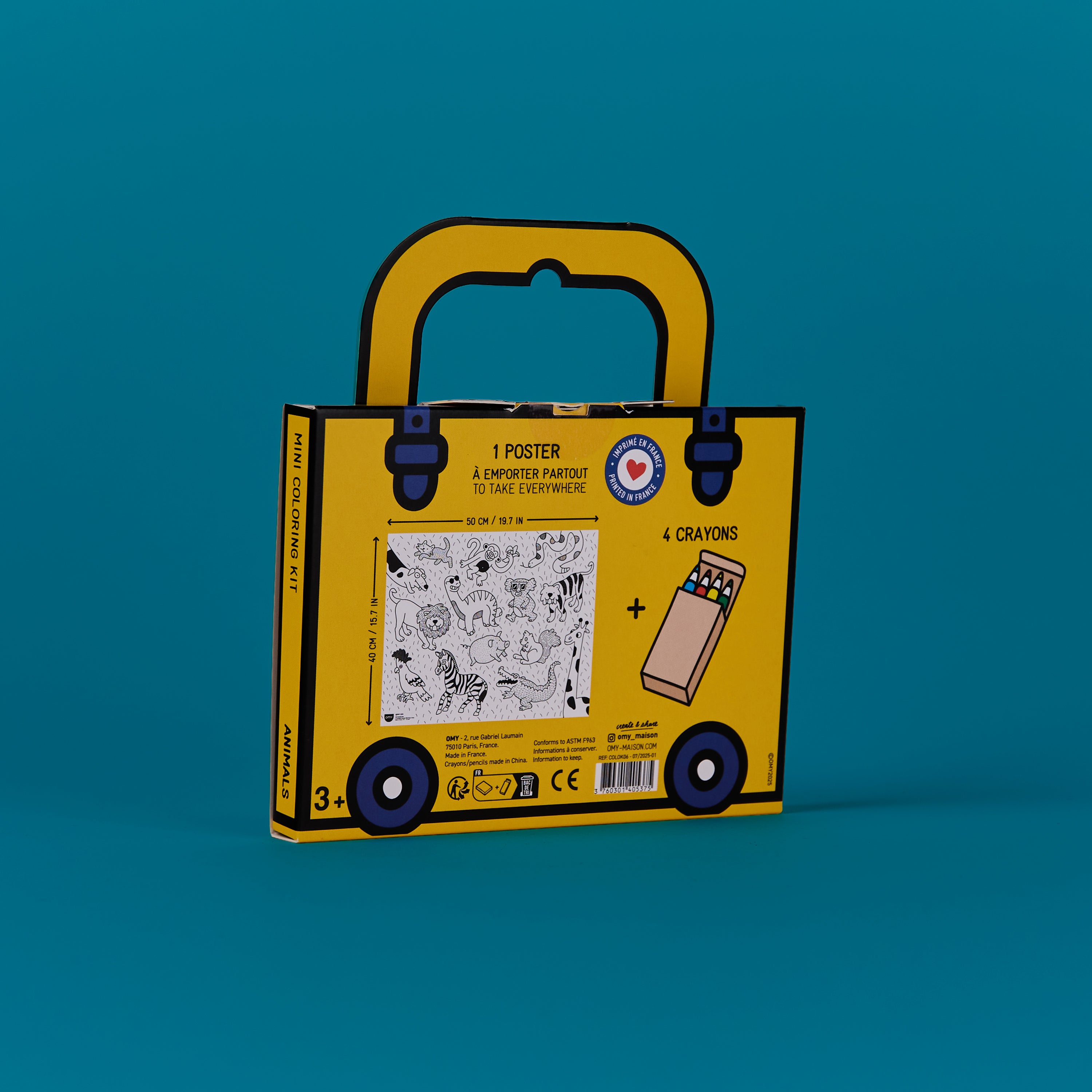 Back view of OMY Mini Coloring Kit Animals packaging showing included poster preview and four crayons; yellow suitcase-style box with handle; travel coloring set for kids ages 3+.