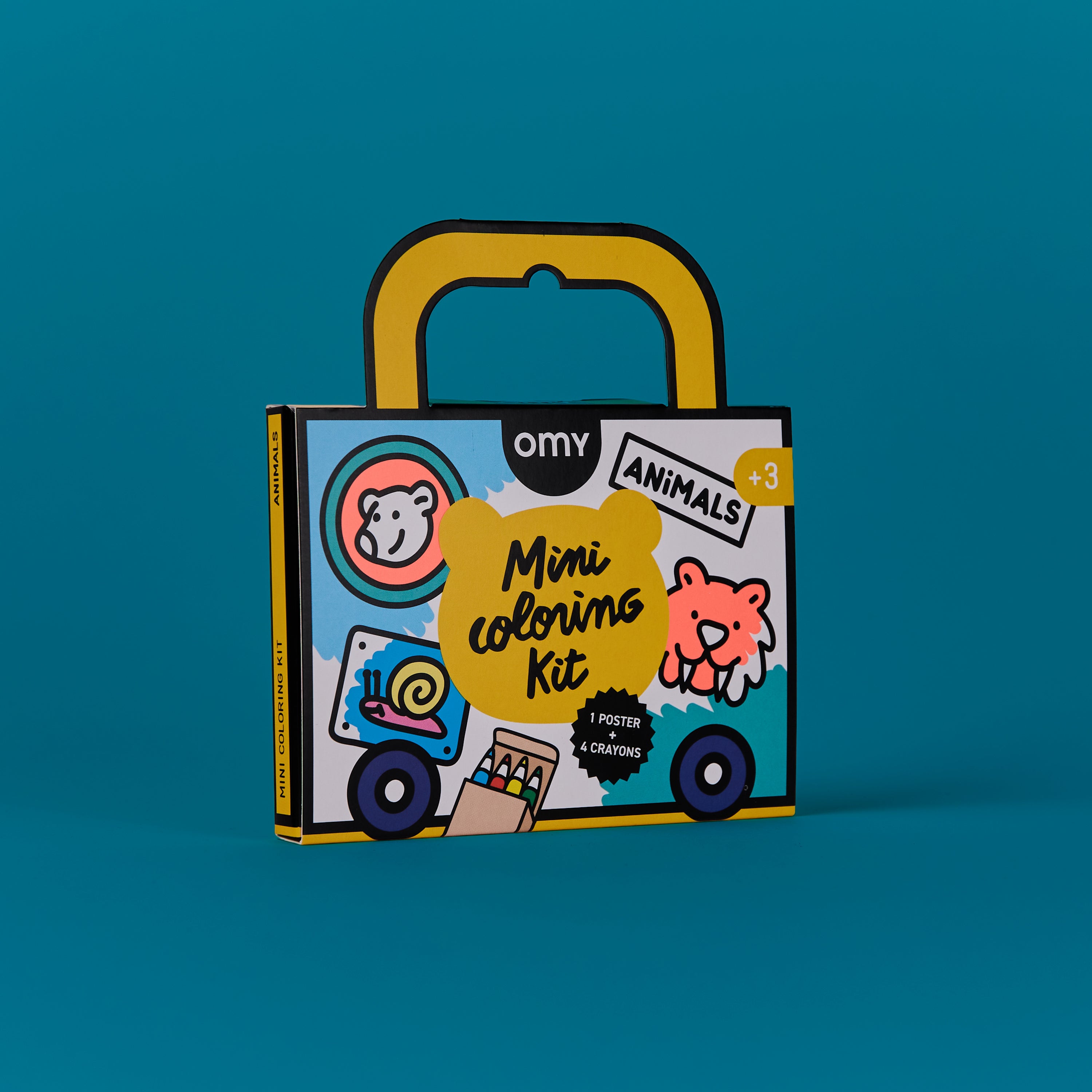 Front face of OMY Mini Coloring Kit Animals packaging with animal icons, handle and mini coloring kit text; includes 4 posters and 4 crayons; portable suitcase-style coloring set for kids ages 3+.