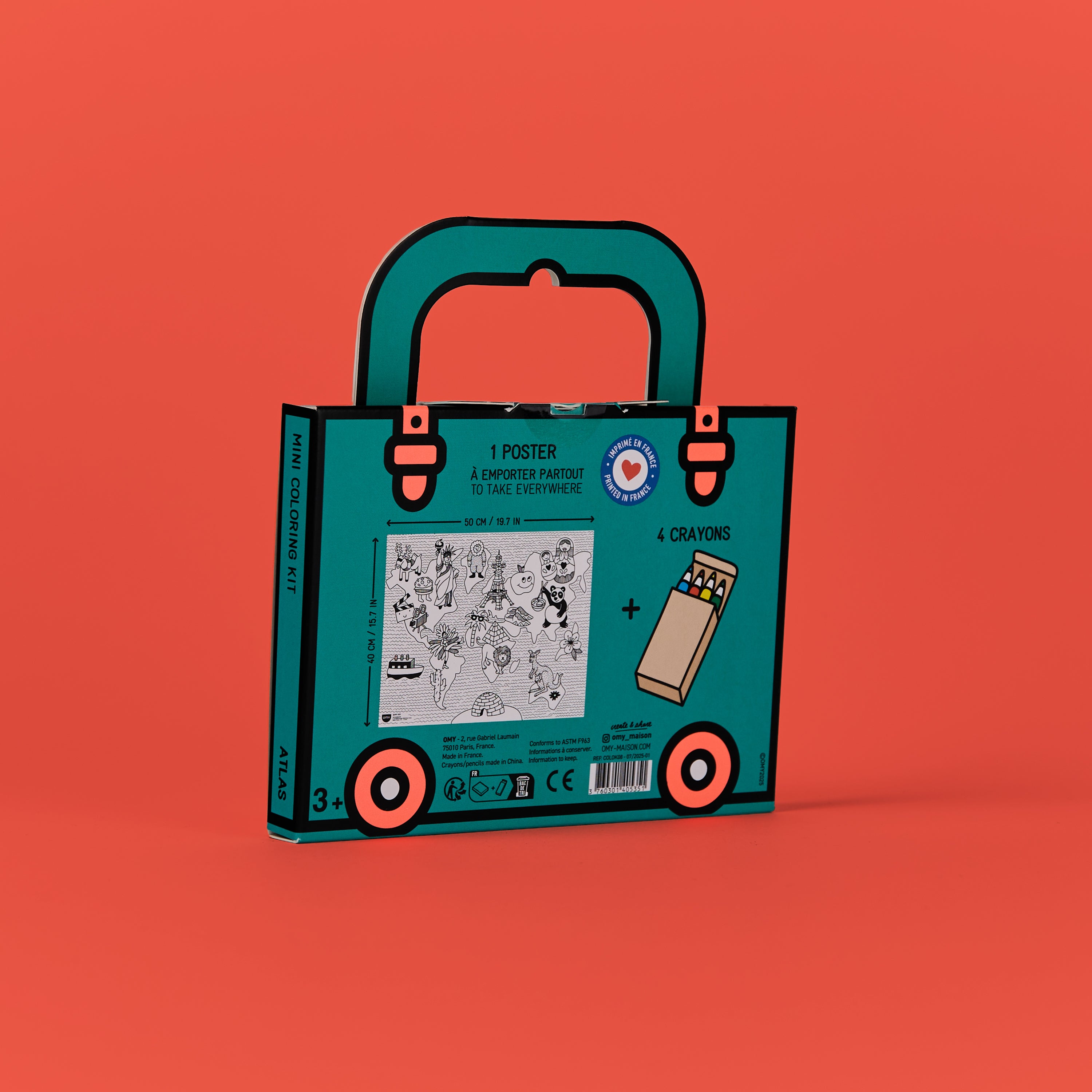 Back side of OMY Mini Coloring Kit Atlas suitcase box showing illustrated map poster and four mini wax crayons, perfect compact travel coloring set for kids ages 3 and up.