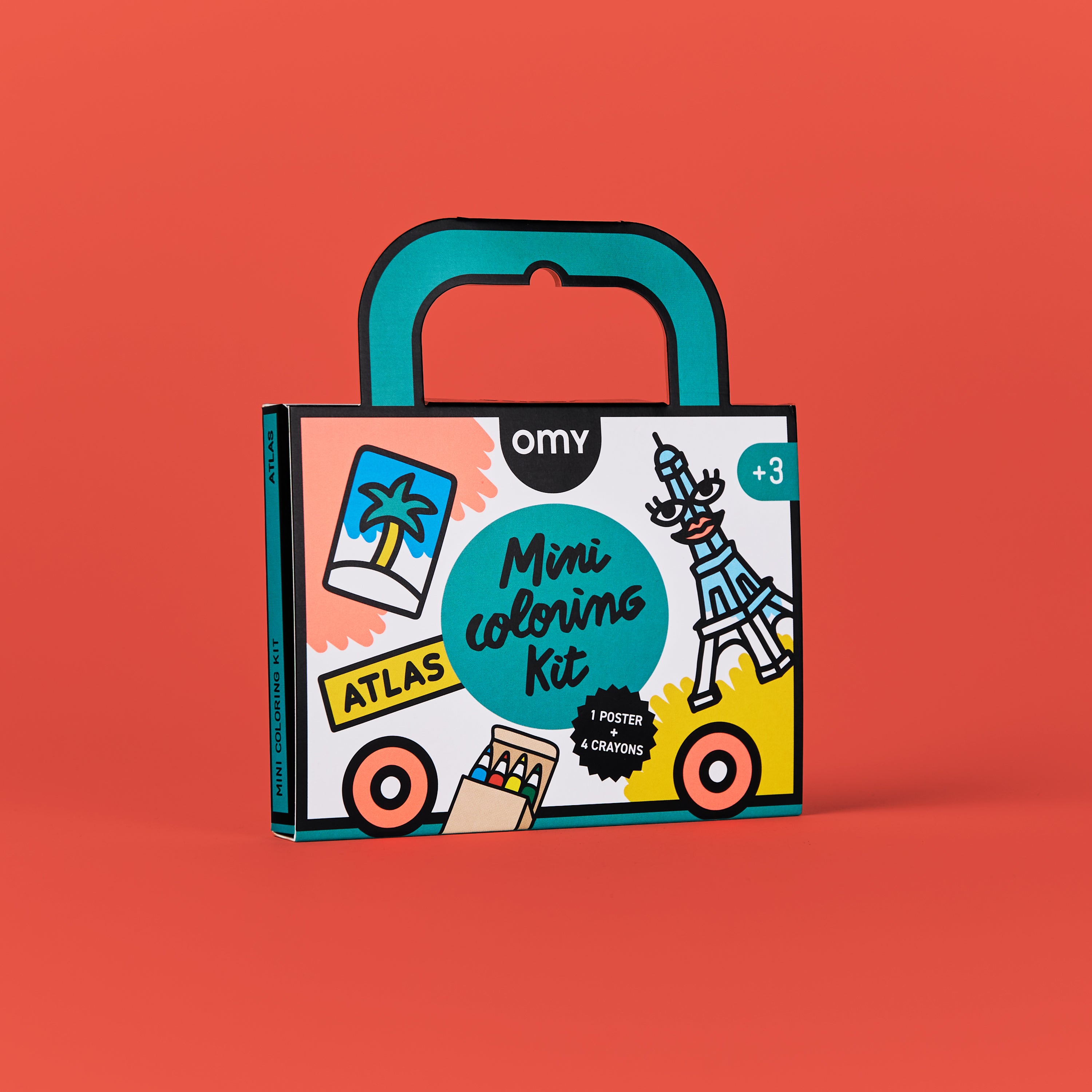 Hand holding the OMY Mini Coloring Kit Atlas – portable travel coloring kit with sturdy handle for kids ages 3 and up, perfect art activity on the go.