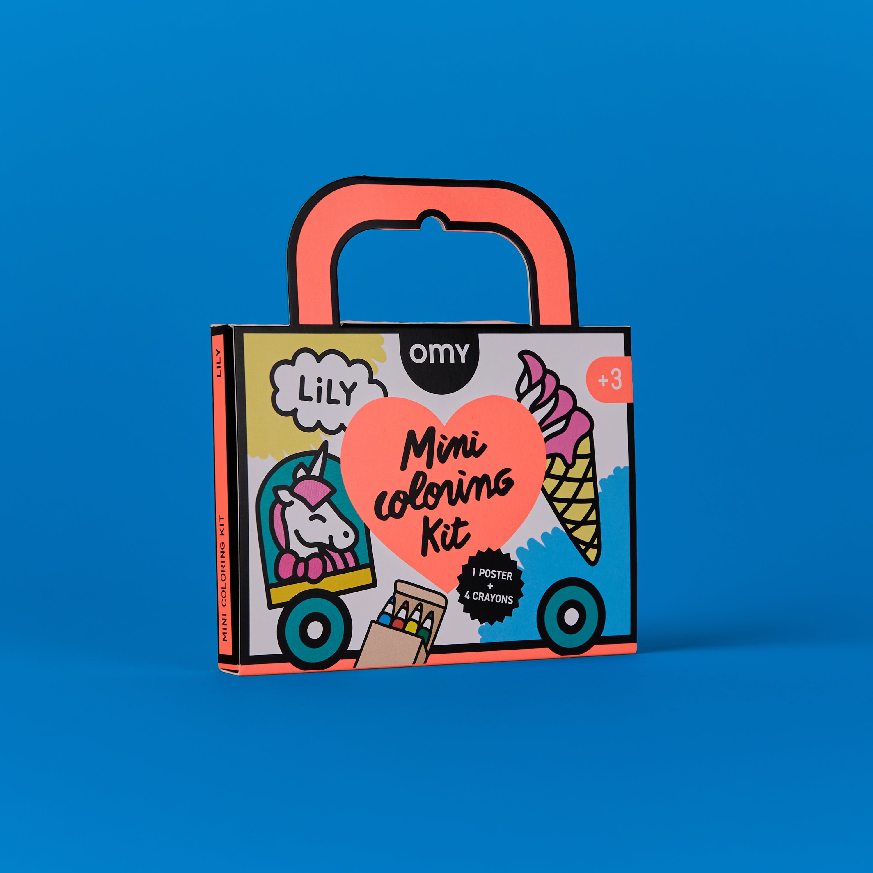 Front view of the Mini Coloring Kit - Lily portable unicorn-themed coloring kit for kids ages 3-7, with an orange suitcase handle and included crayons for travel activities.