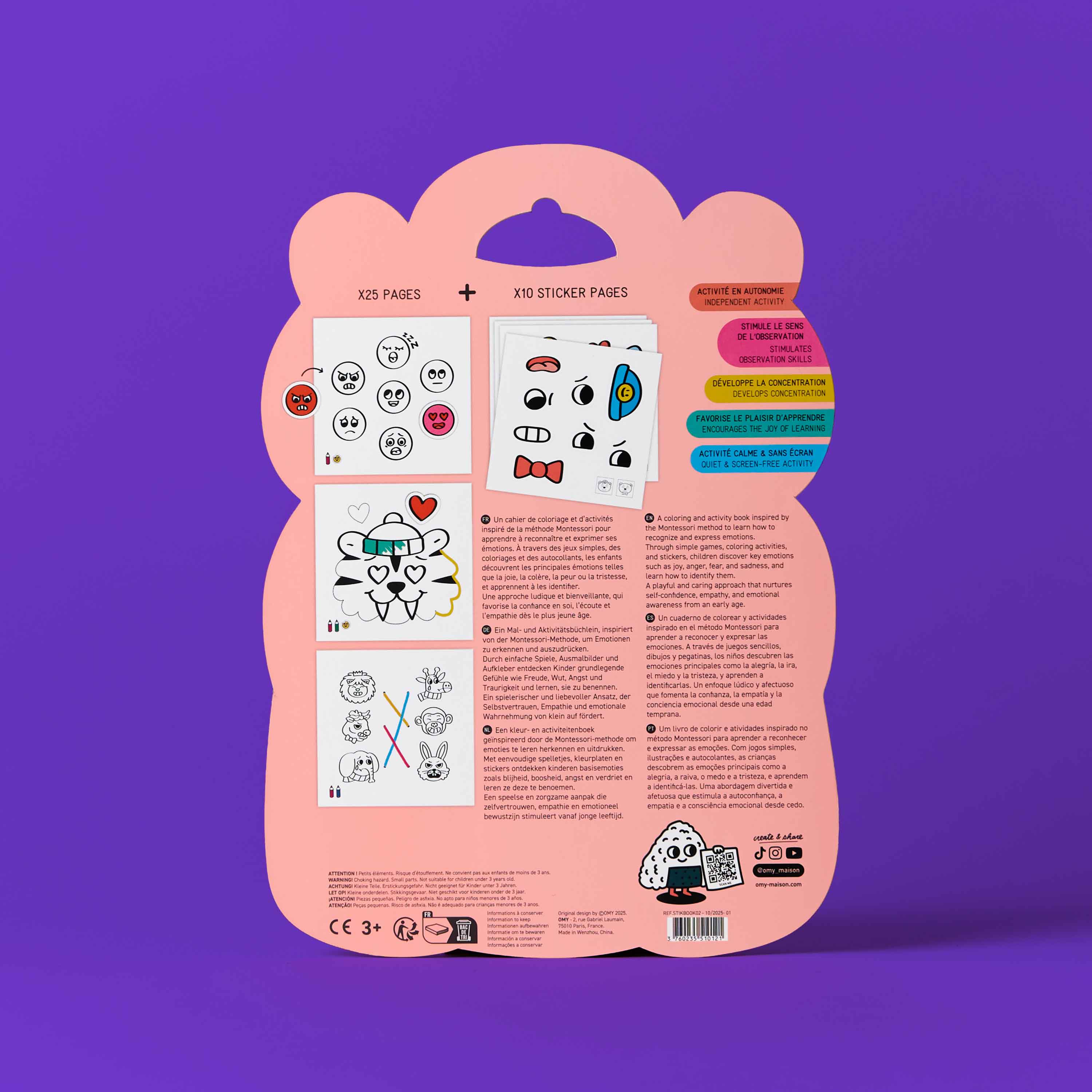 Pink packaging of Montessori sticker book OMY with illustrations on a purple background