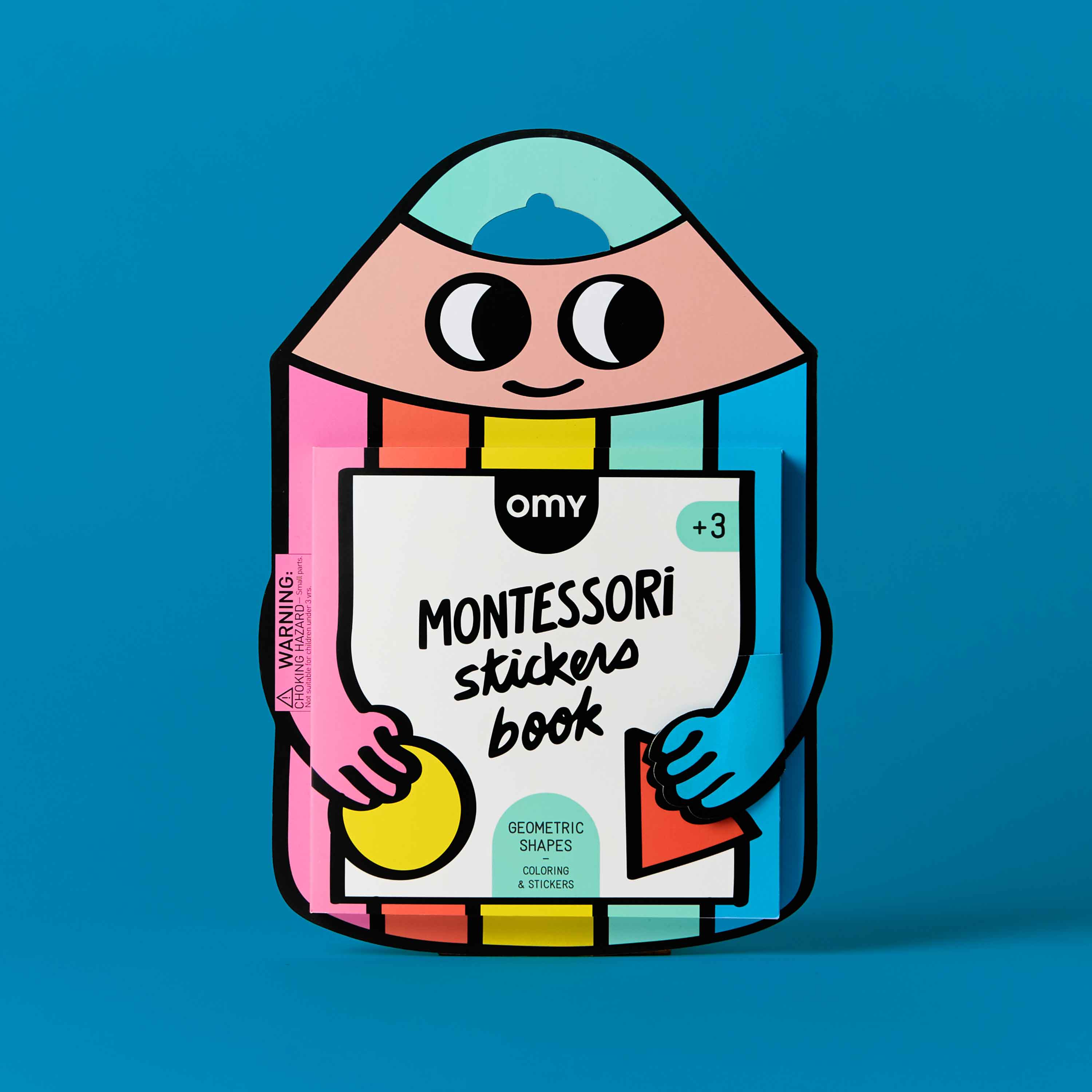 Colorful packaging of a Montessori stickers book OMY held by a cartoon character on a blue background