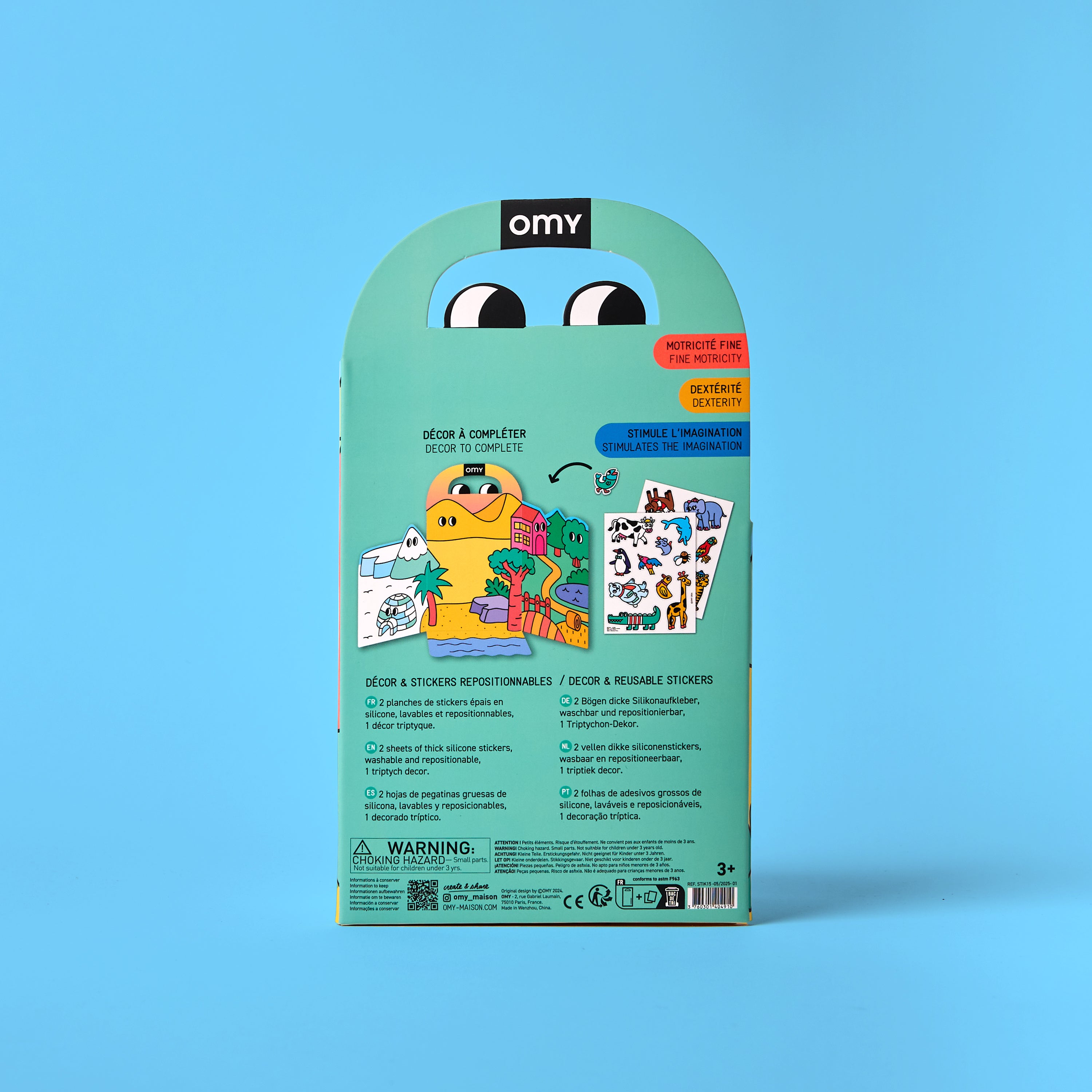 Back of Montessori sticker kit packaging featuring illustrated animals, information about kit contents, and safety warnings on teal background.