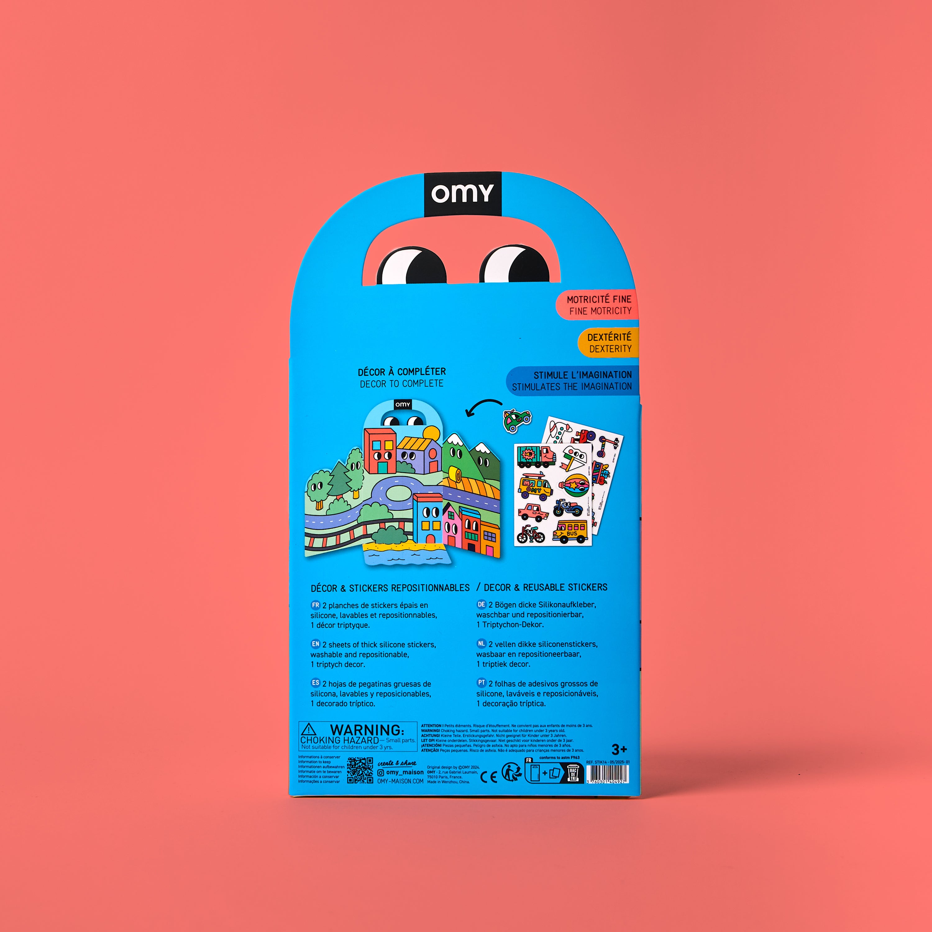 Back of OMY Montessori Stickers Kit – Vroom Vroom edition packaging showing road scene and reusable stickers for kids aged 3–7