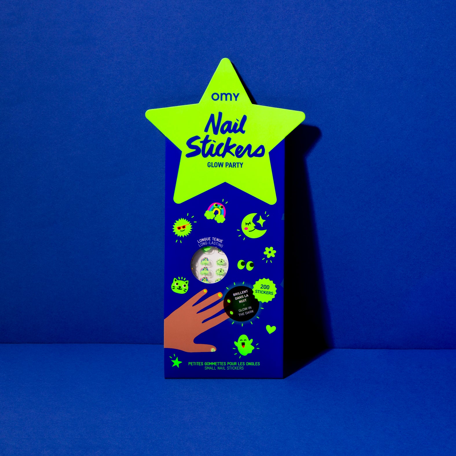 Box of Omy Nail Stickers Glow Party with a star-shaped green label on a blue background
