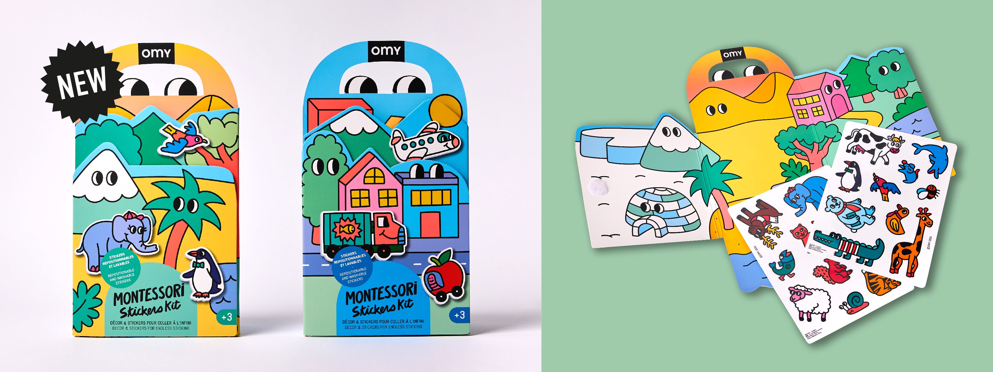 Desktop banner showing the OMY Montessori Sticker Kit: two colorful suitcase-style boxes (Safari and Vroom Vroom editions) on the left and an open kit with a scenic play mat and reusable silicone sticker sheets on the right; promotes creative, screen-free Montessori activity for kids ages 3 and up.