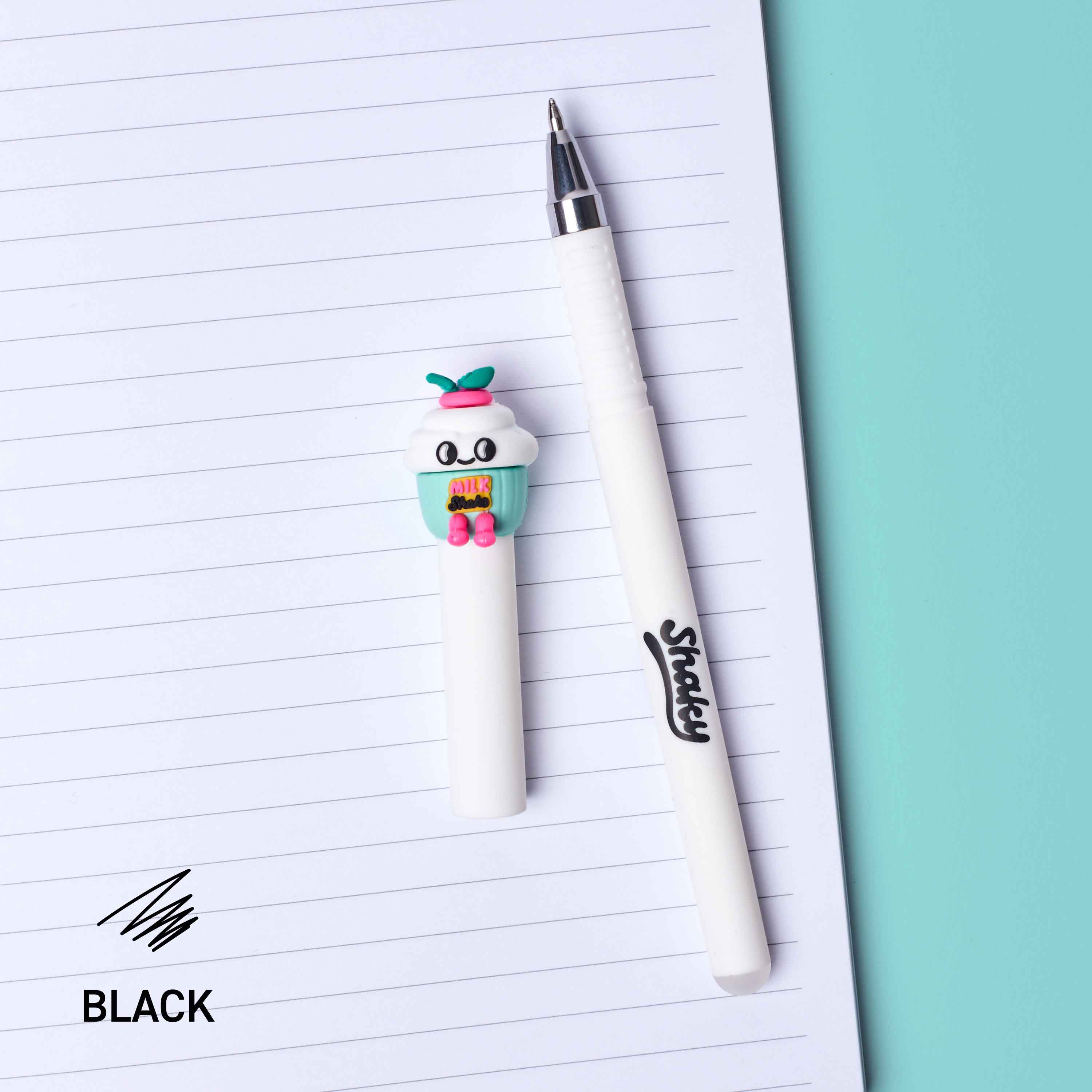 White pen OMY with a cartoon character on a lined paper background