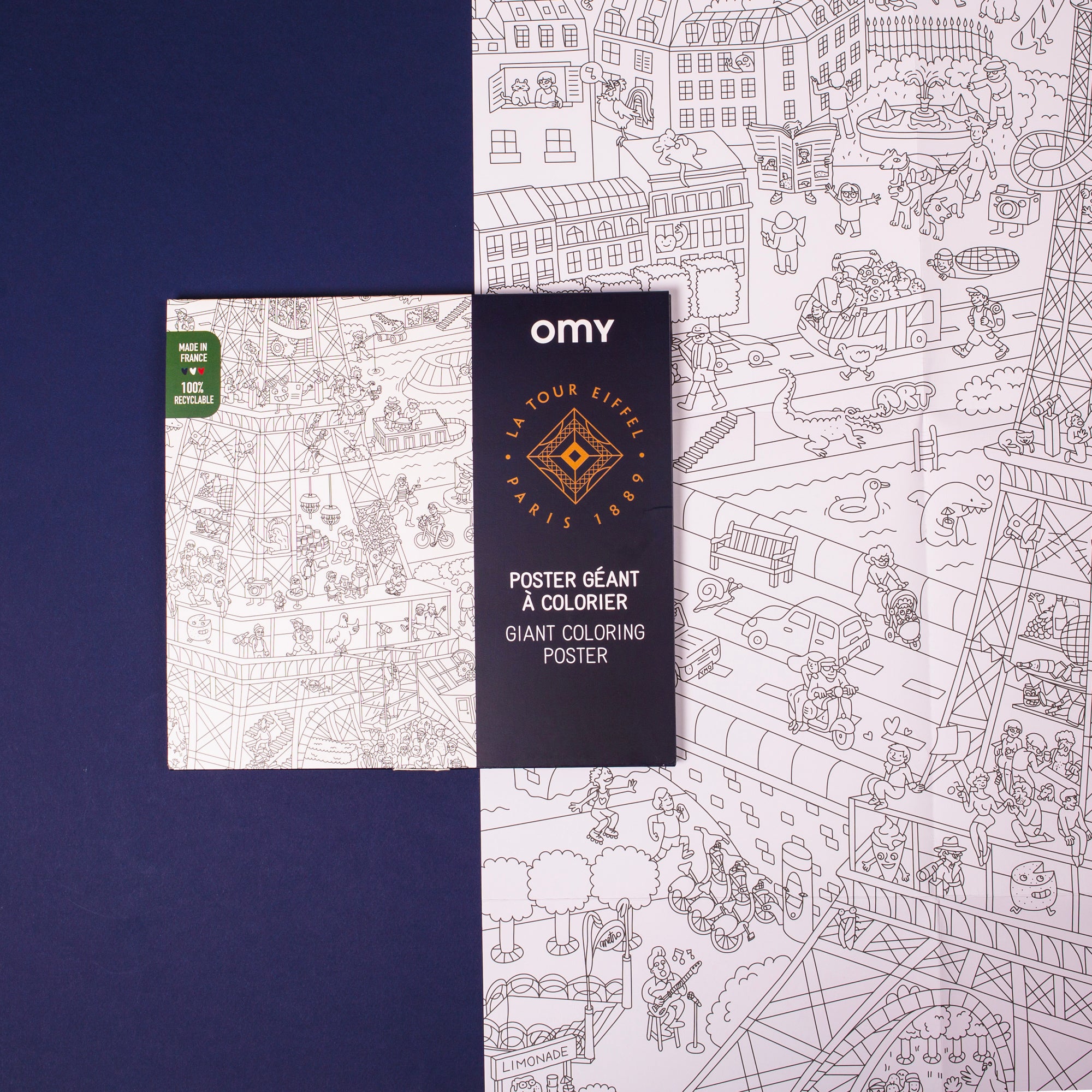 Giant coloring poster La Tour Eiffeil OMY on a dark blue background