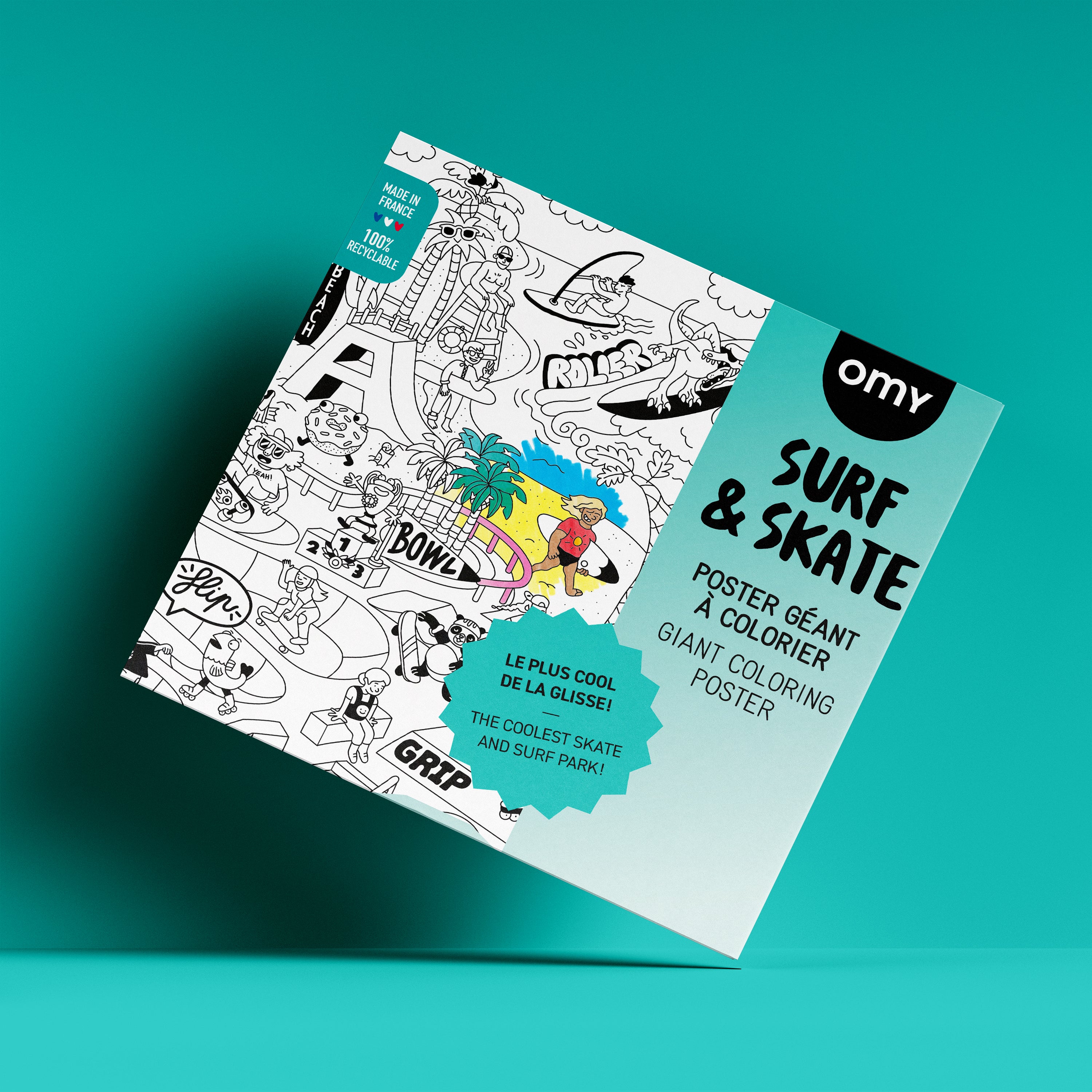 OMY Surf & Skate Giant Coloring Poster box with dynamic skateboard and surf designs, creative XXL coloring activity for children, teens and art lovers