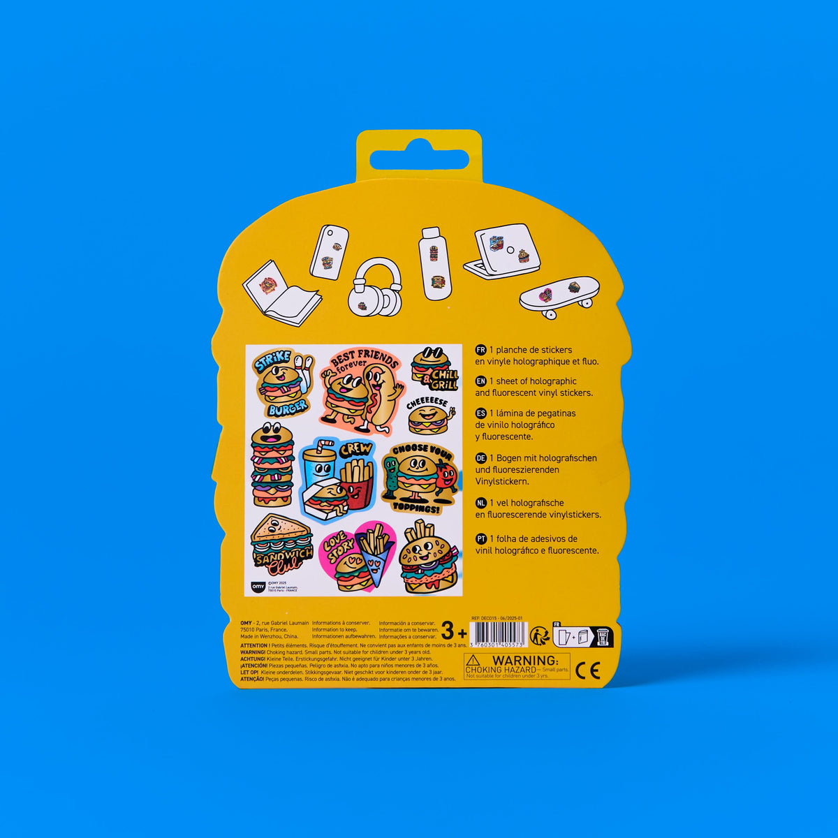 Yellow packaging of sticker big burger OMY on a blue background