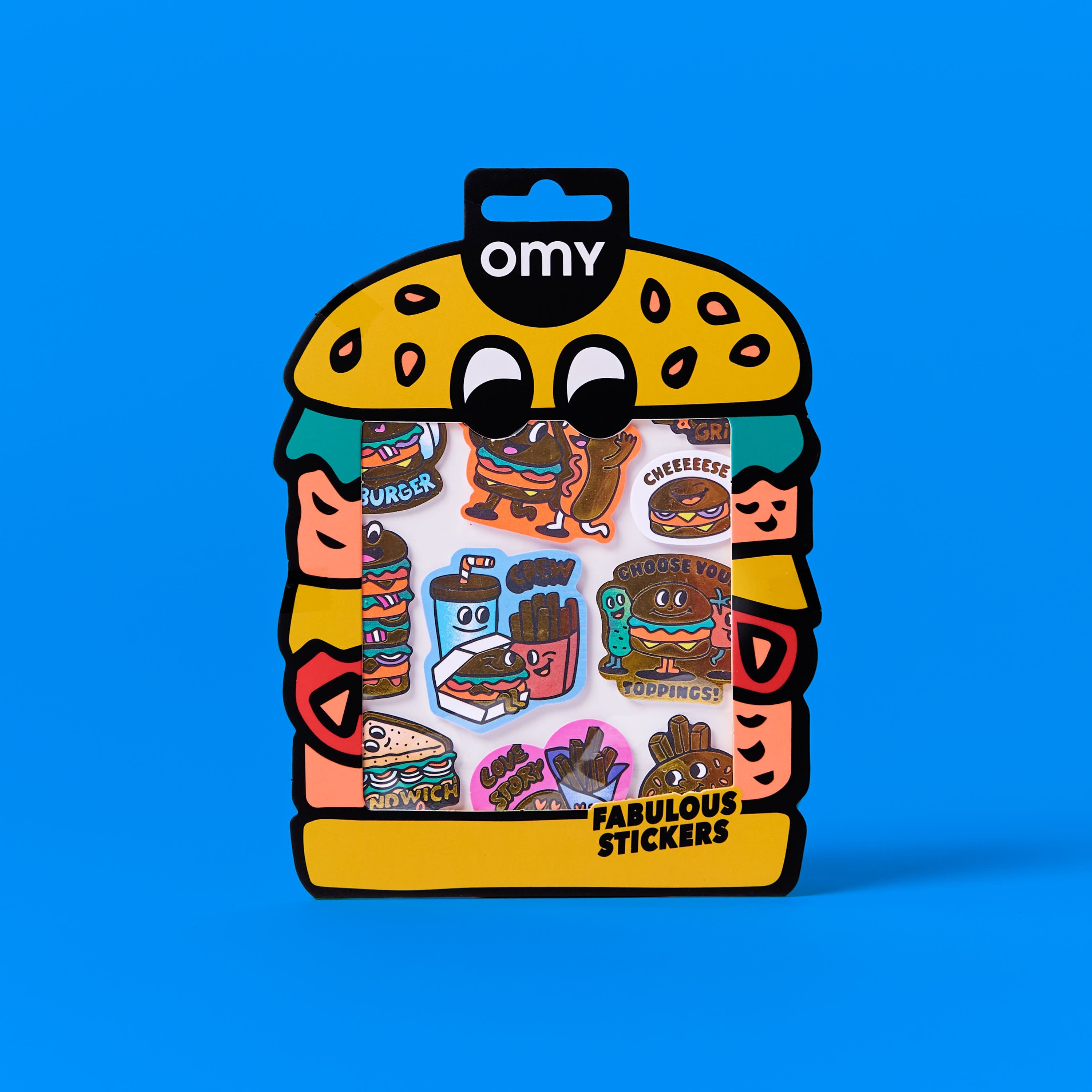 Pack of stickers big burger OMY with on a blue background