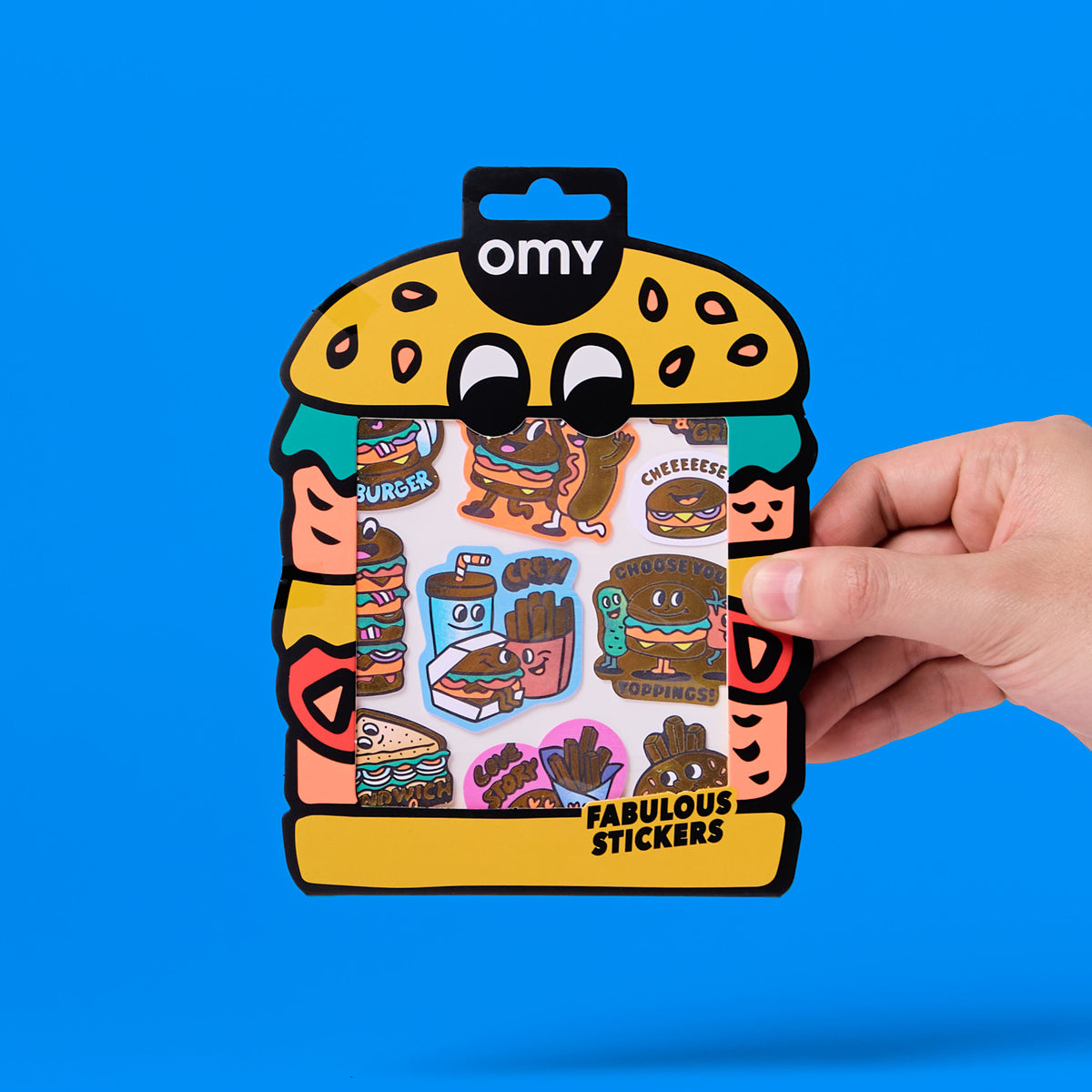 Pack of OMY stickers big burger OMY with a cartoon burger design on a blue background