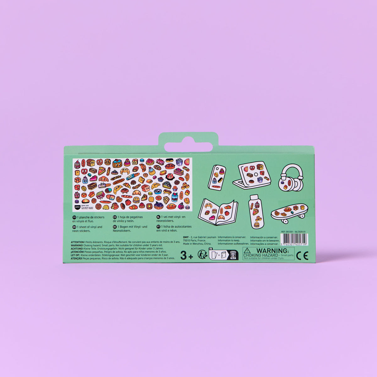 Packaging of stickers OMY with illustrations on a purple background