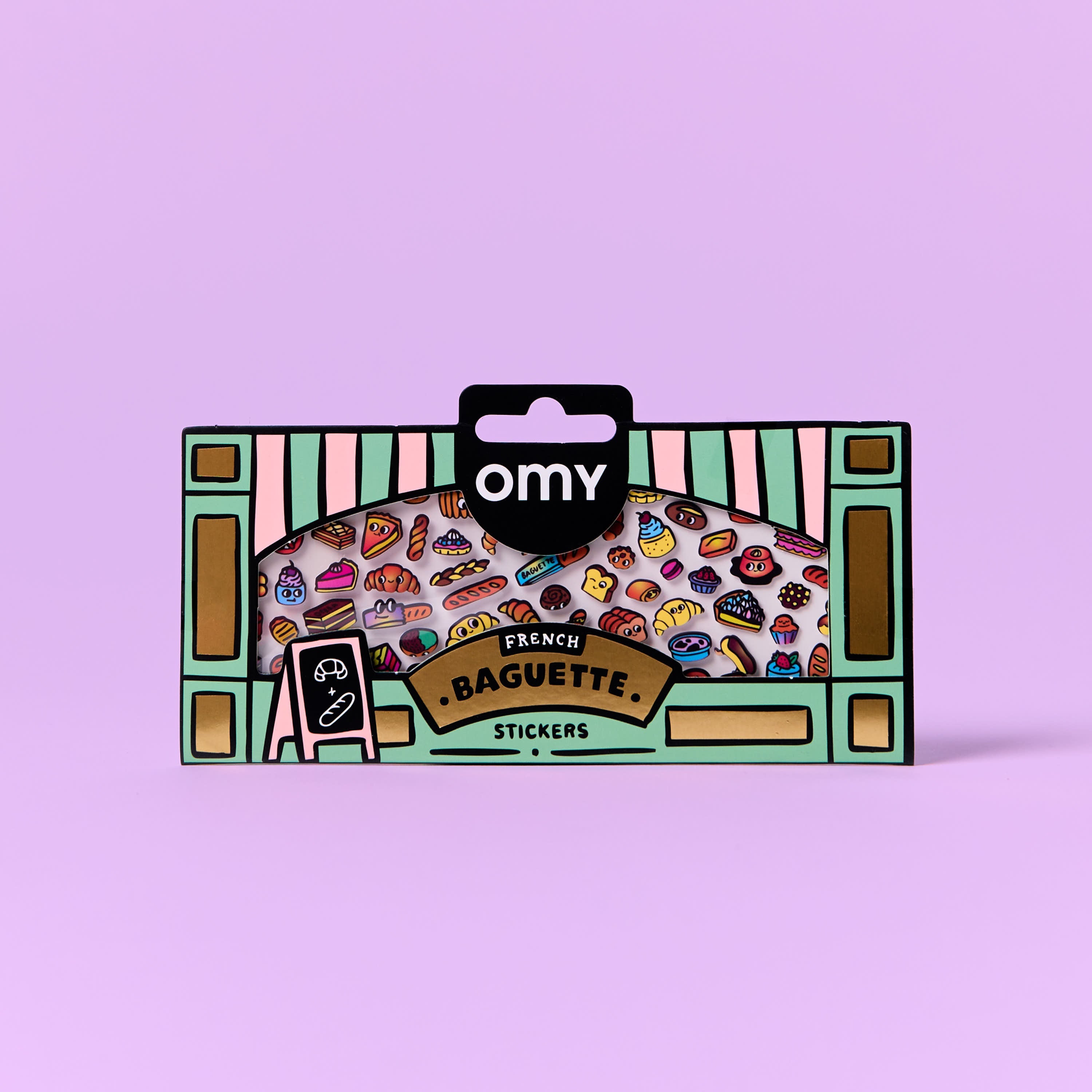 Packaging of OMY French Baguette stickers on a purple background