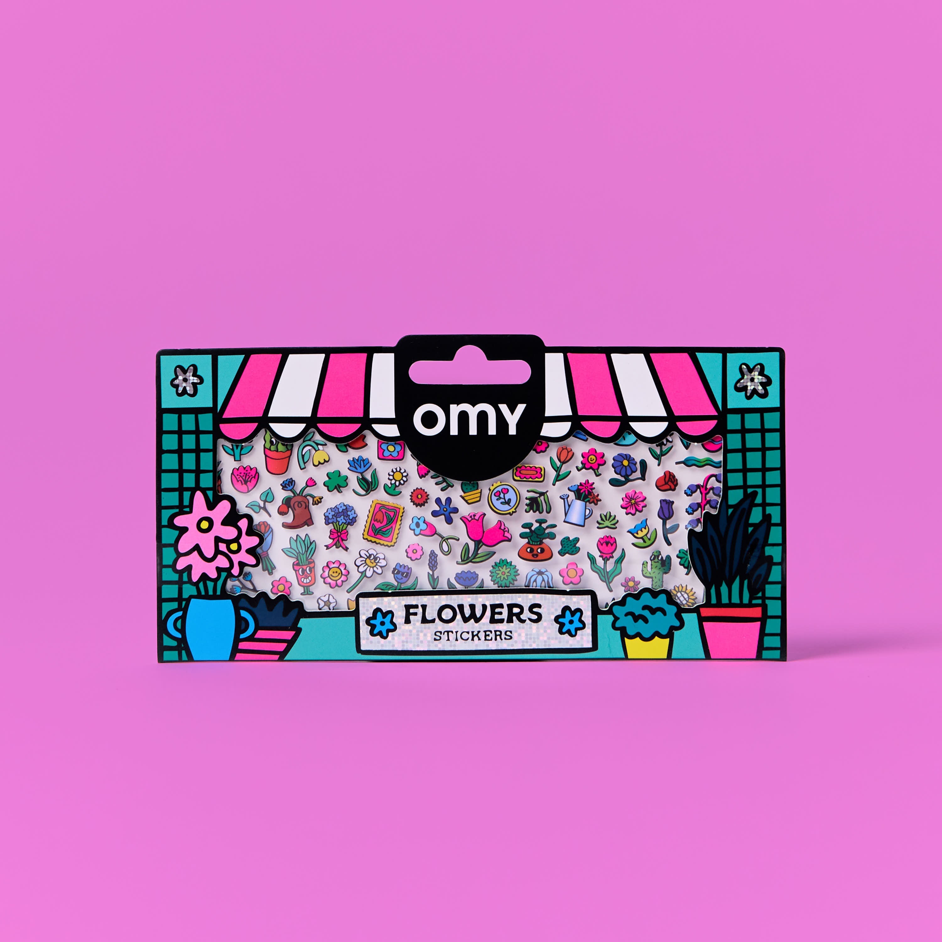Pack of flower stickers OMY on a pink background