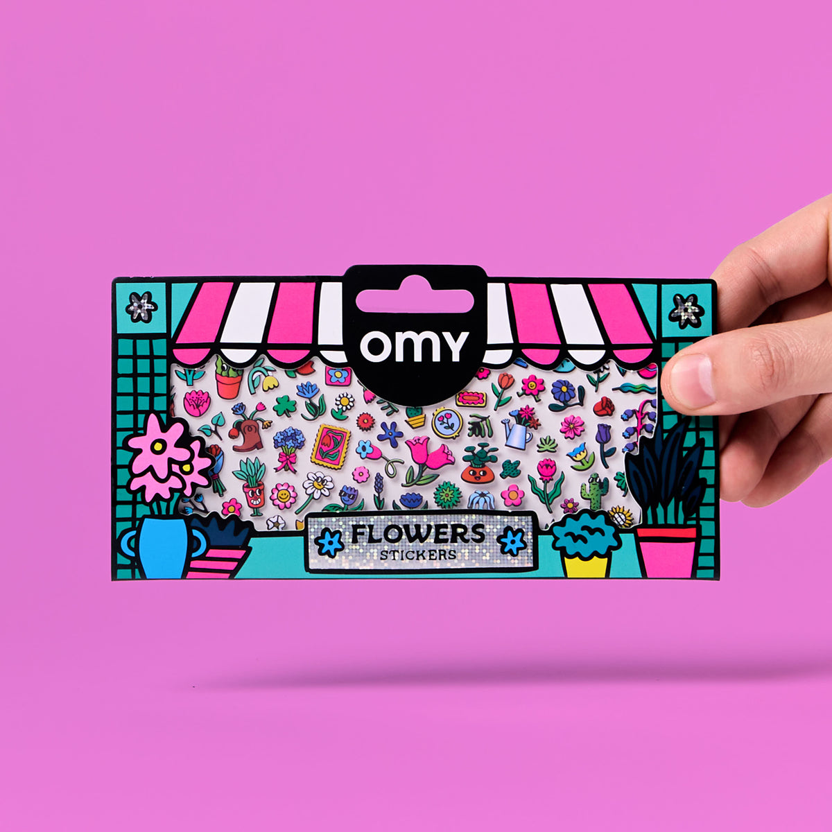 Pack of Flowers stickers OMY with a colorful design on a pink background