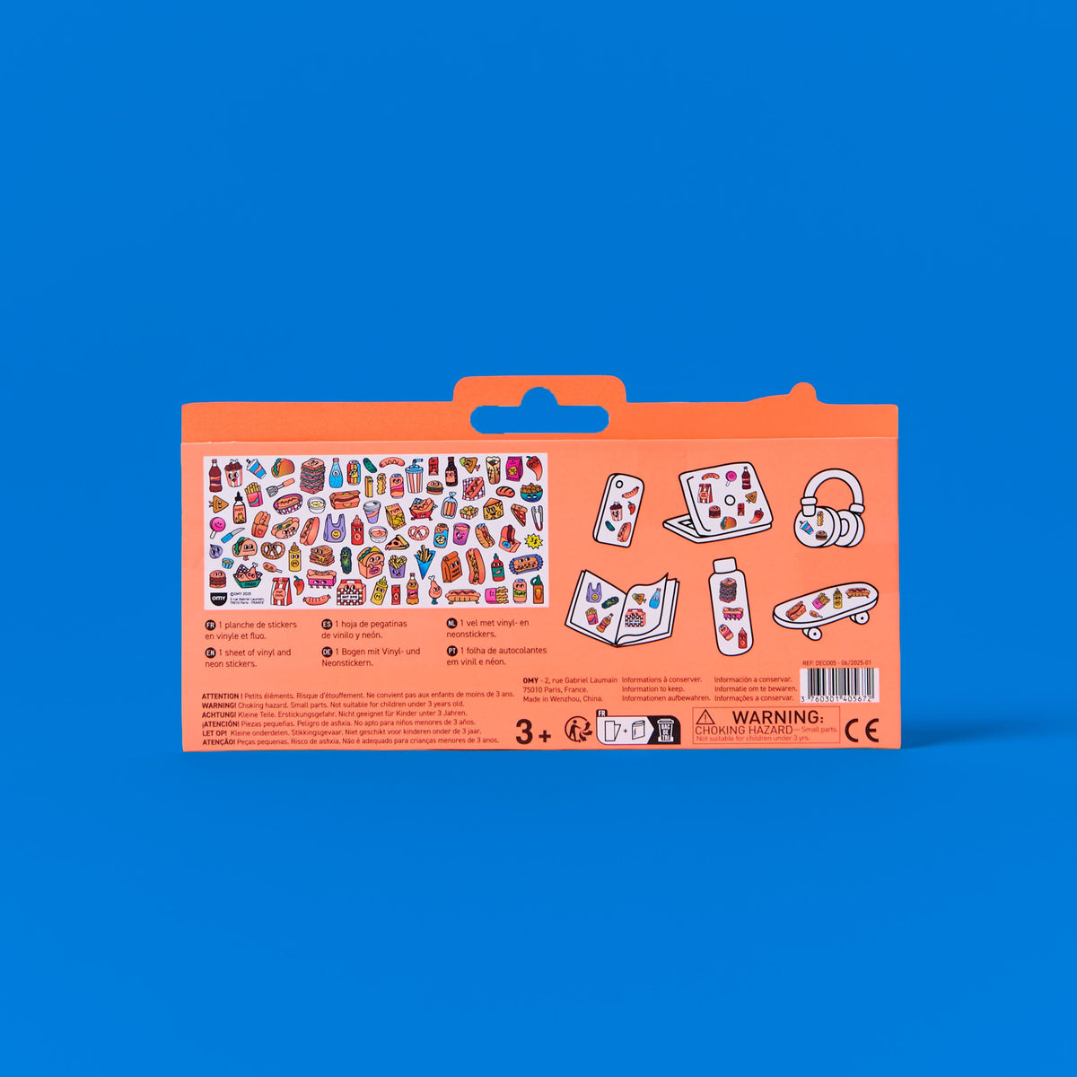 Back of OMY Hot Dog Shop sticker set packaging on a blue background