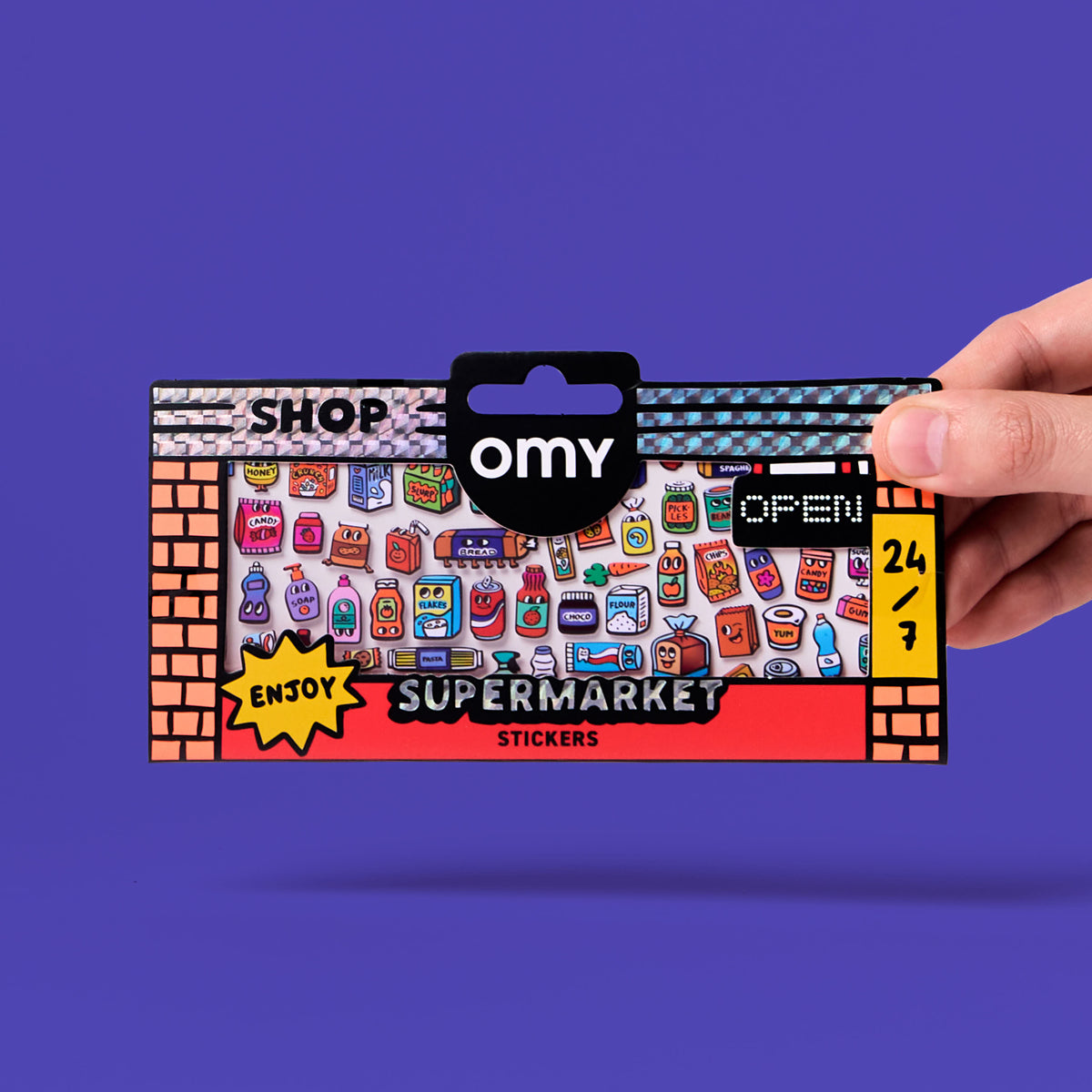 Pack of OMY stickers with a supermarket design on a purple background