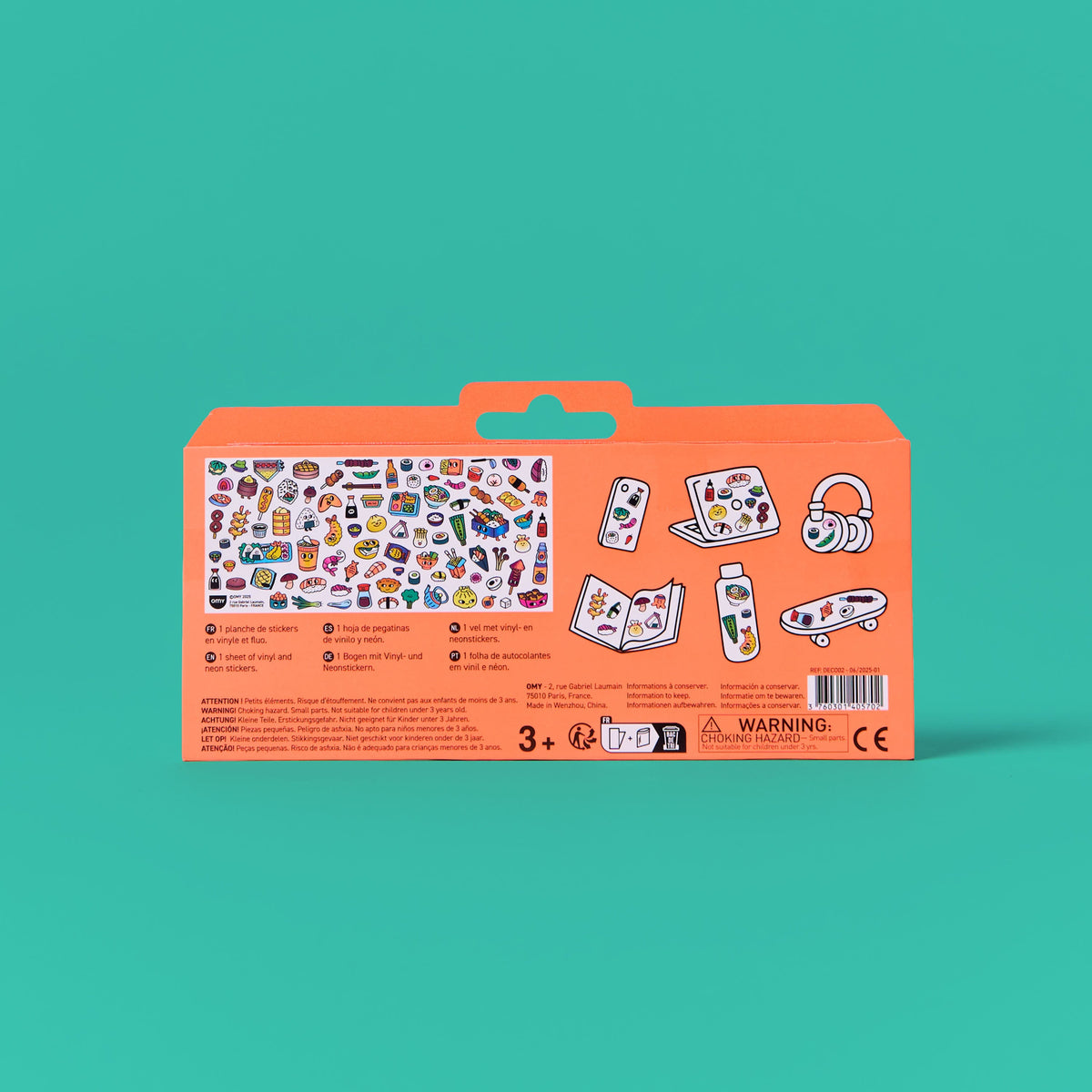 Orange packaging with illustrations on a teal background