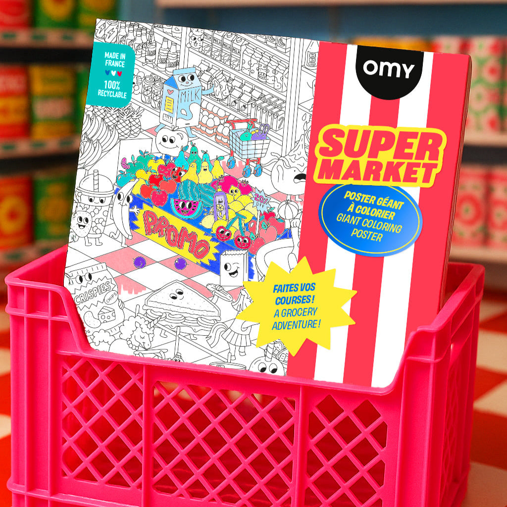 OMY Super Market Giant Coloring Poster displayed in a red basket – creative and educational grocery-themed XXL poster for kids, families and coloring lovers.