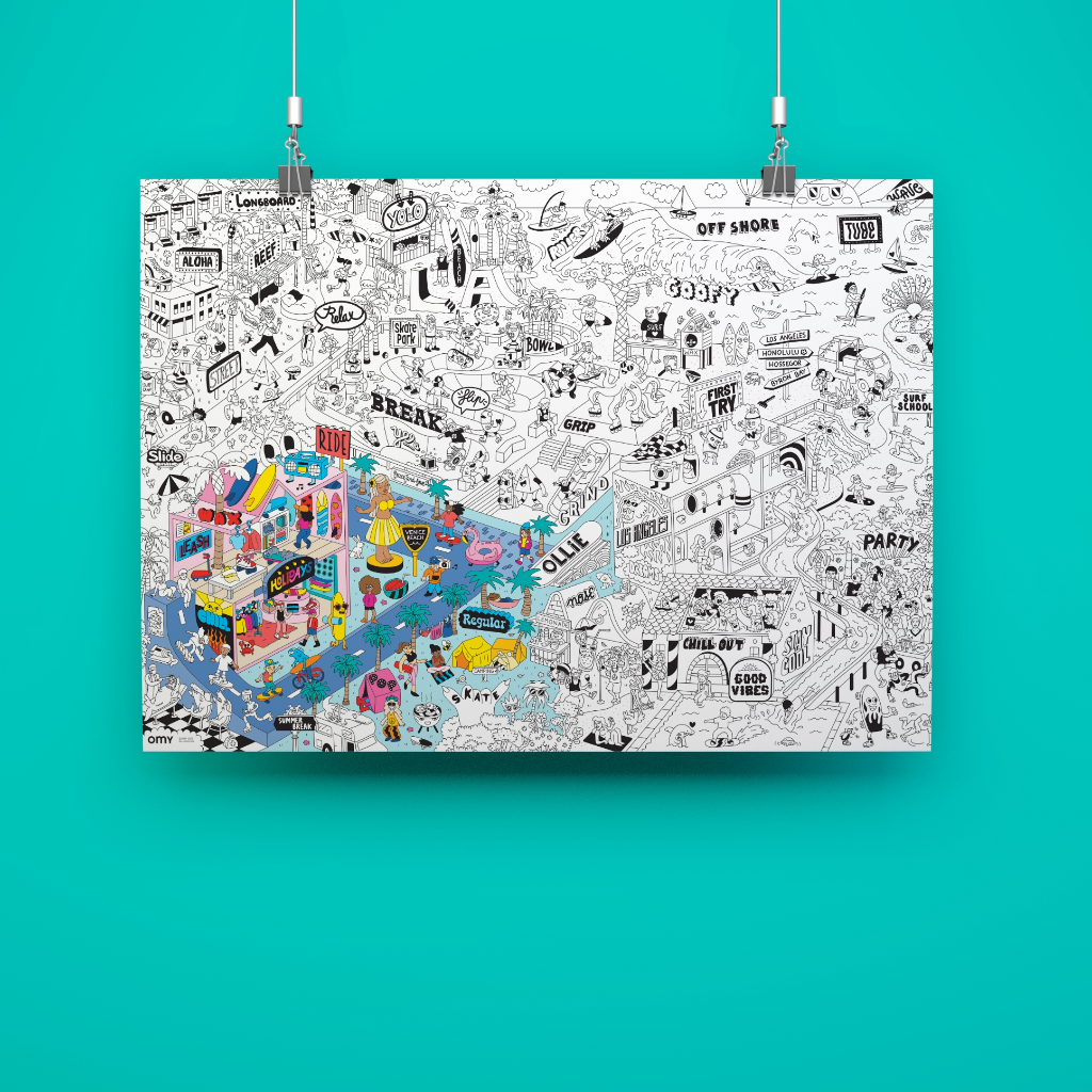 OMY Giant Coloring Poster Surf & Skate with playful skatepark and surf illustrations, XXL creative activity for kids, teens and families to color together